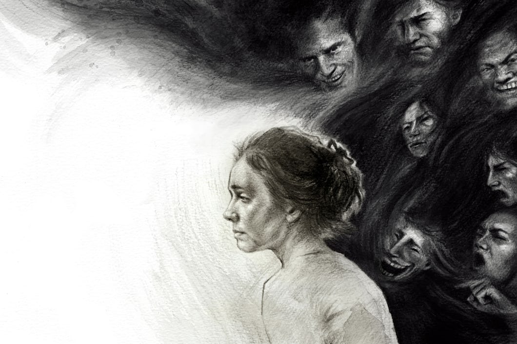 Illustration av en ledsen kvinna med fler hotfulla personer i bakgrunden.