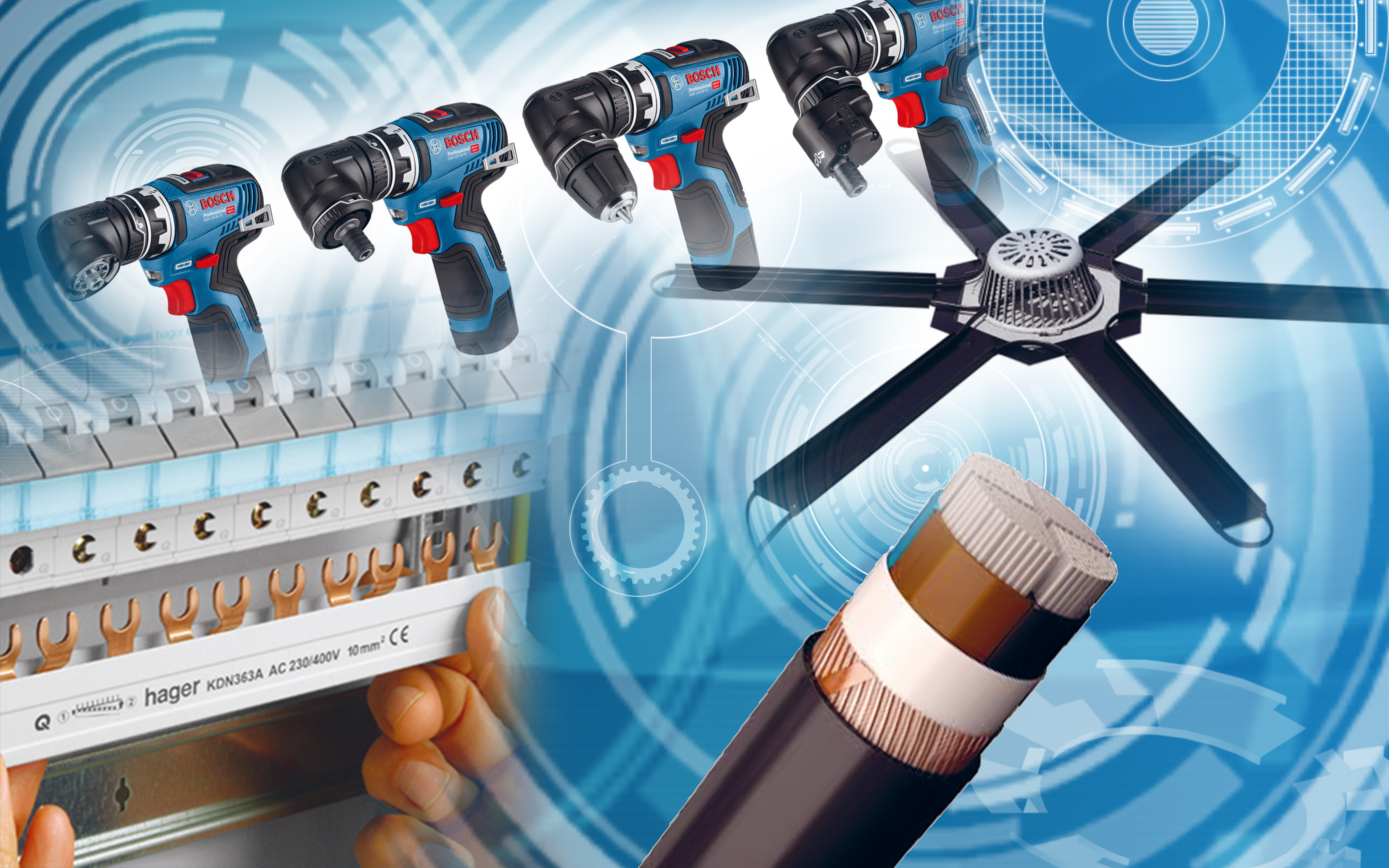 Bilder på olika verktyg monterade över en abstrakt cyber-bakgrund