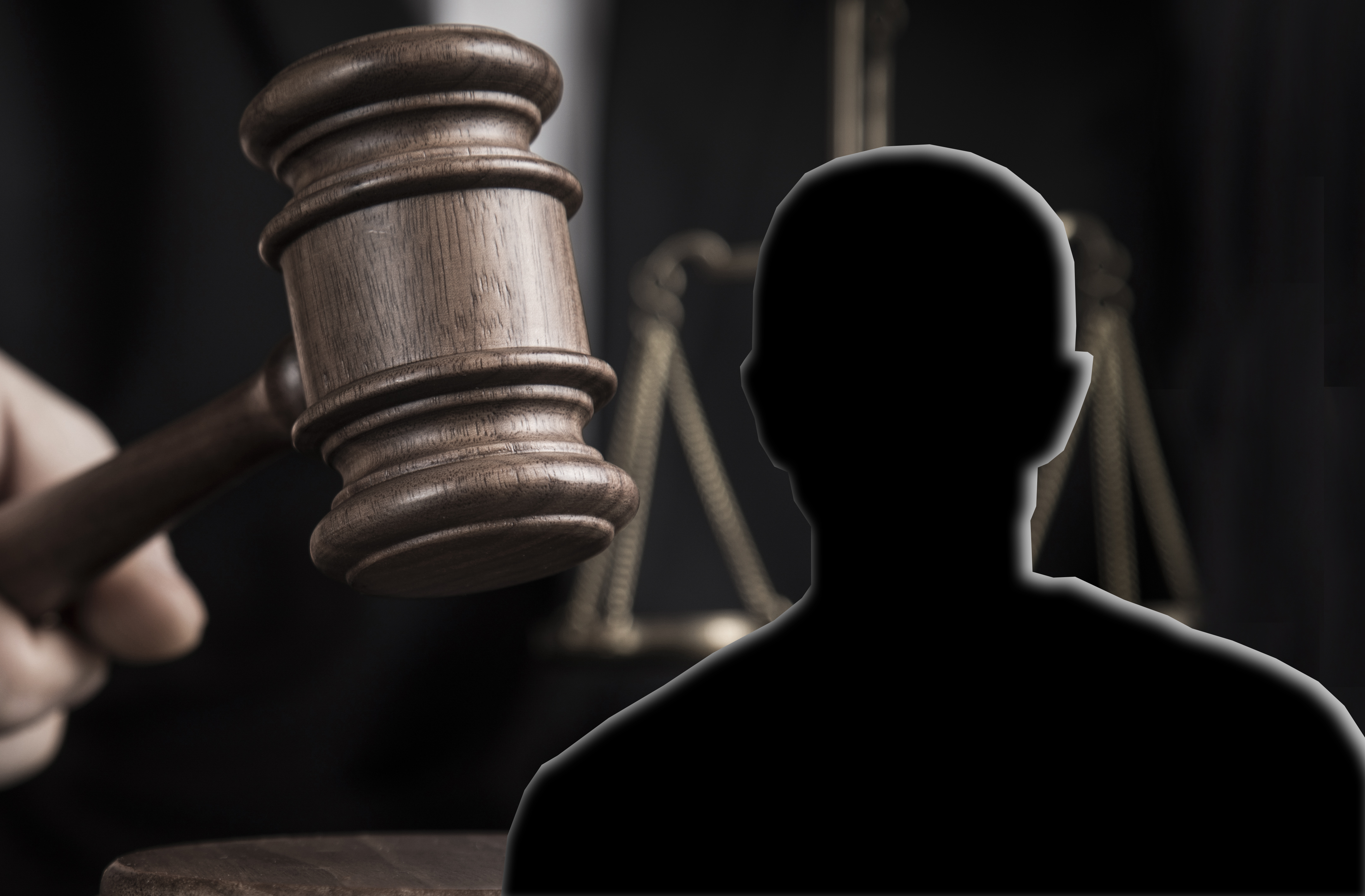 Bildmontage med silhuetten av en man framför ett foto på en domarklubba och en våg