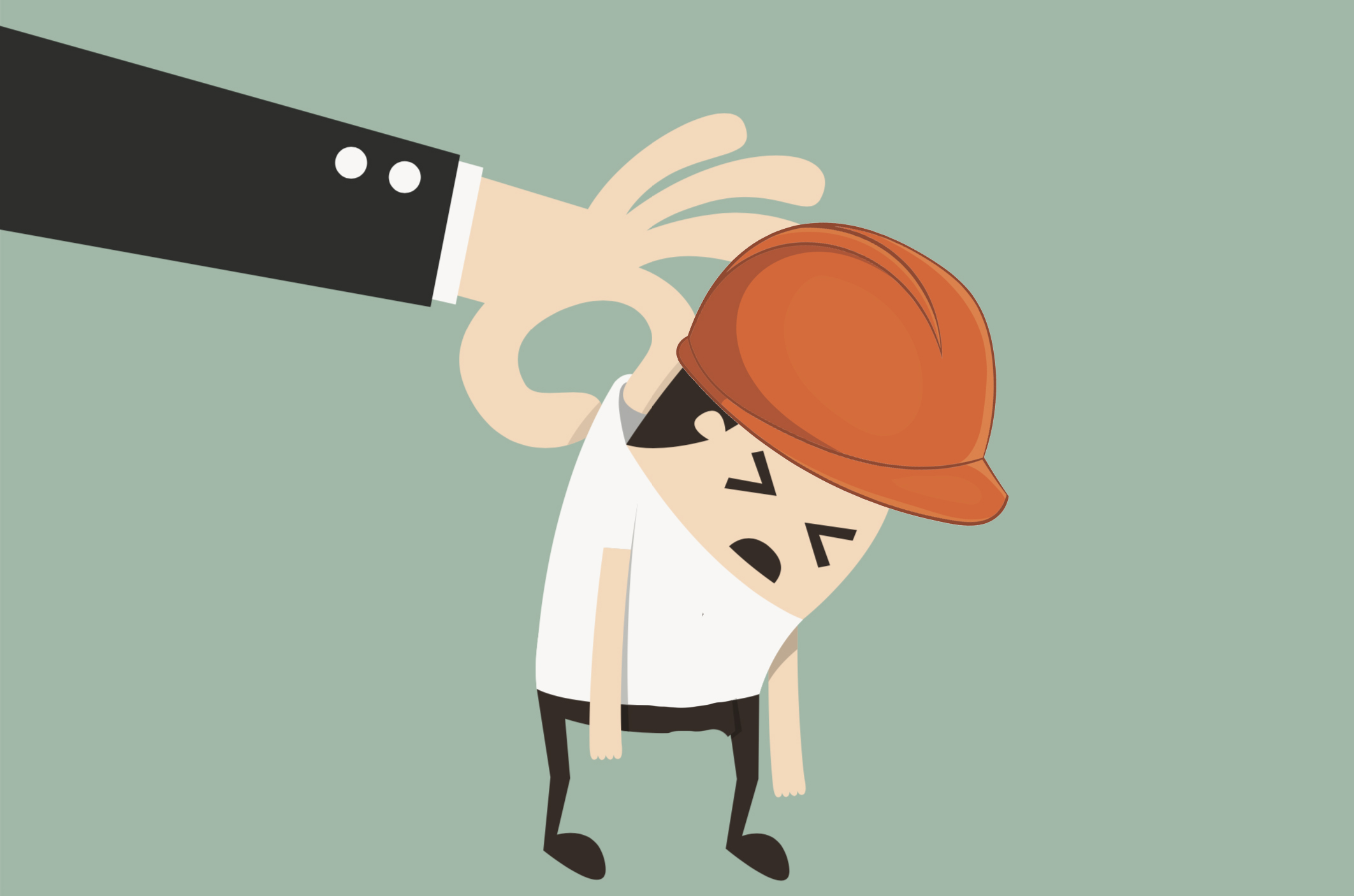 En tecknad person med bygghjälm och ledsen min blir bortlyft i kragen av en hand i kostym