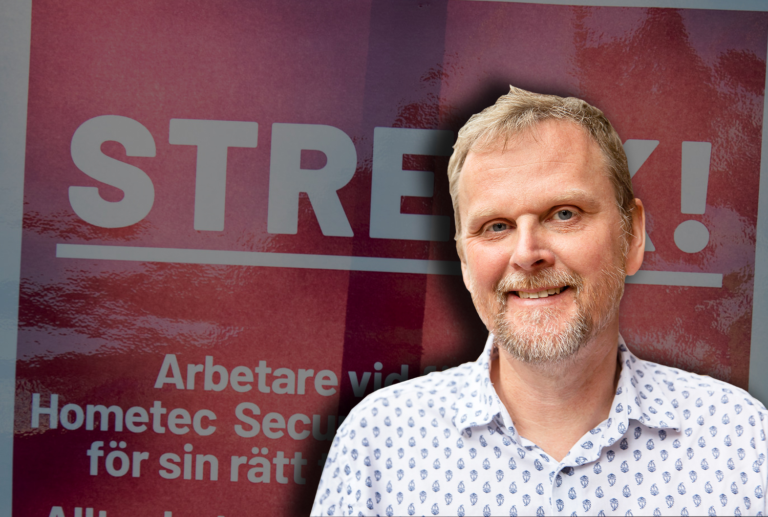 En bild på en strejkskylt, med ett foto av Urban Pettersson monterat över