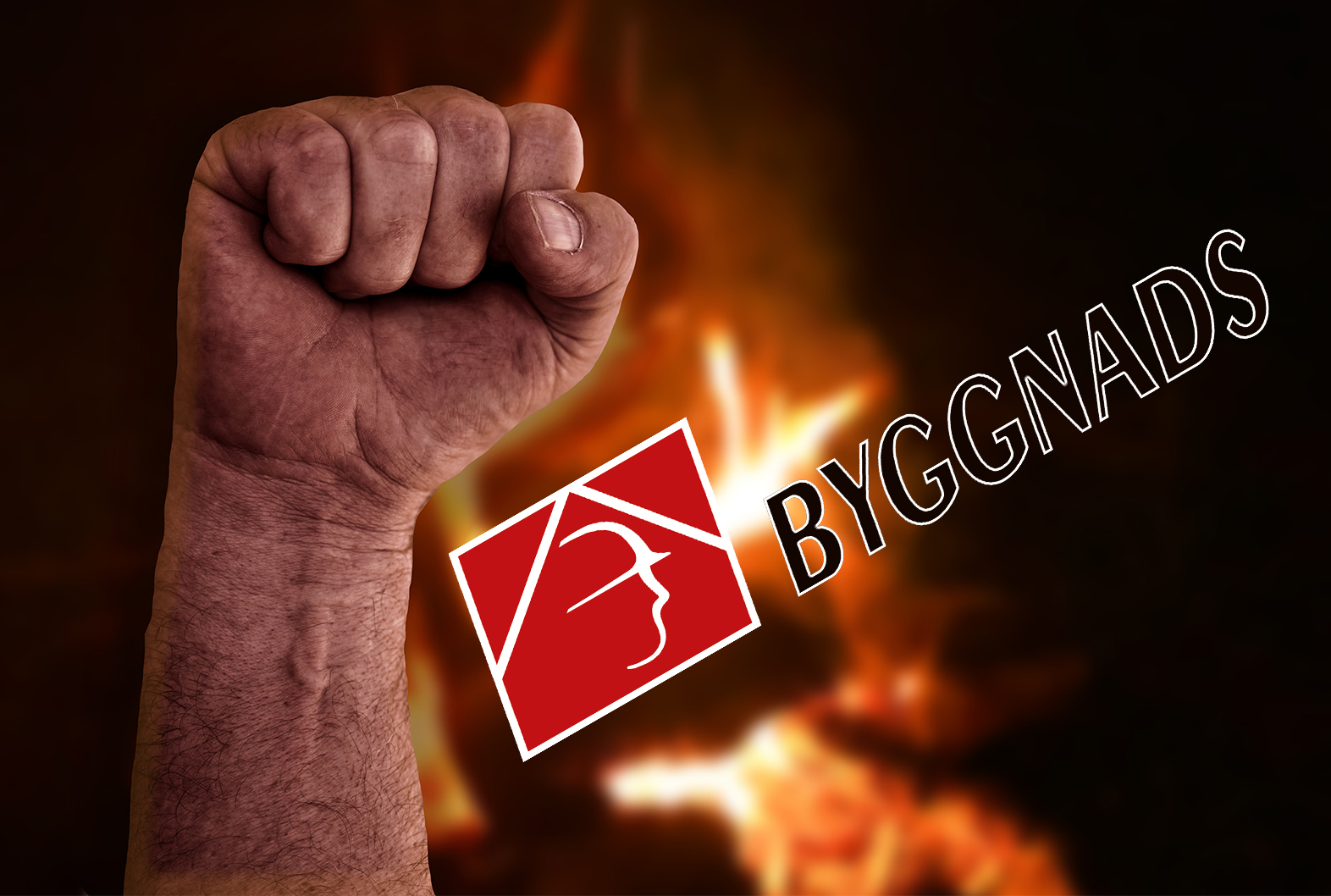 En knuten näve framför eld, med Byggnads logga monterad över