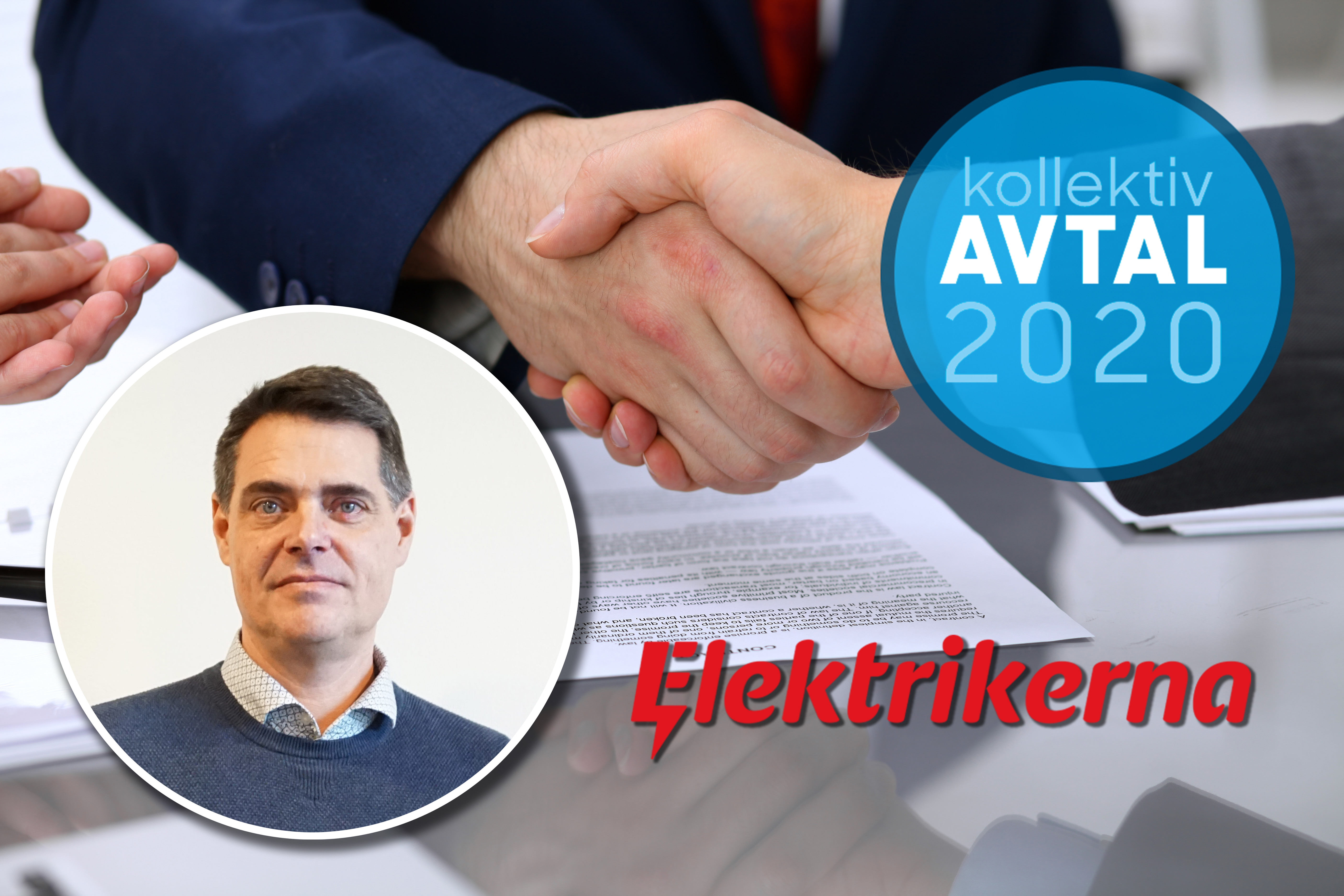 Mikael Petterssons porträtt monterat över en bild på två personer skakar hand över en samling papper på ett mötesbord