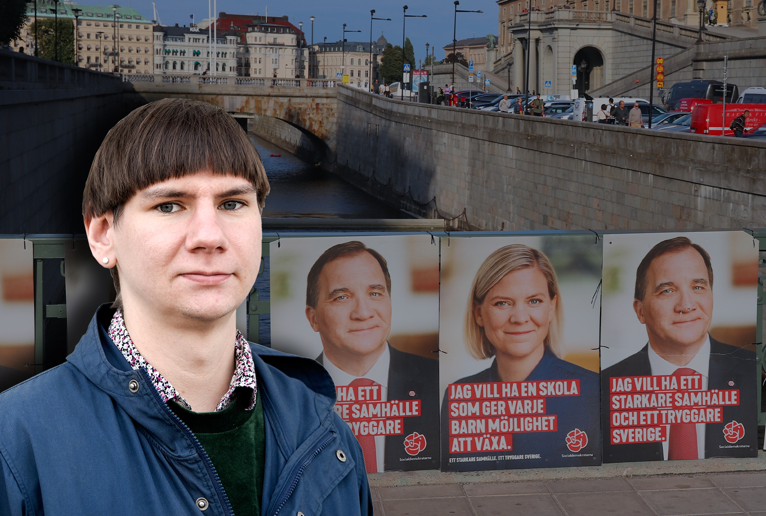 Ett broräcke i Stockholm med Socialdemokraternas valaffischer på, med en bild på Felix Finnveden monterad över
