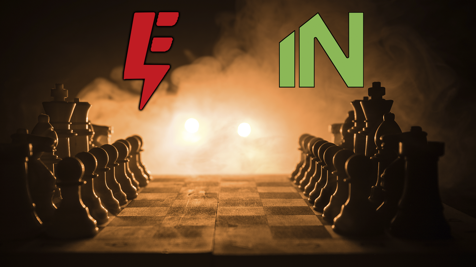 ett schackbräde i silhuett mot rör rök, med Elektrikernas och Installatörsföretagens loggor monterade över