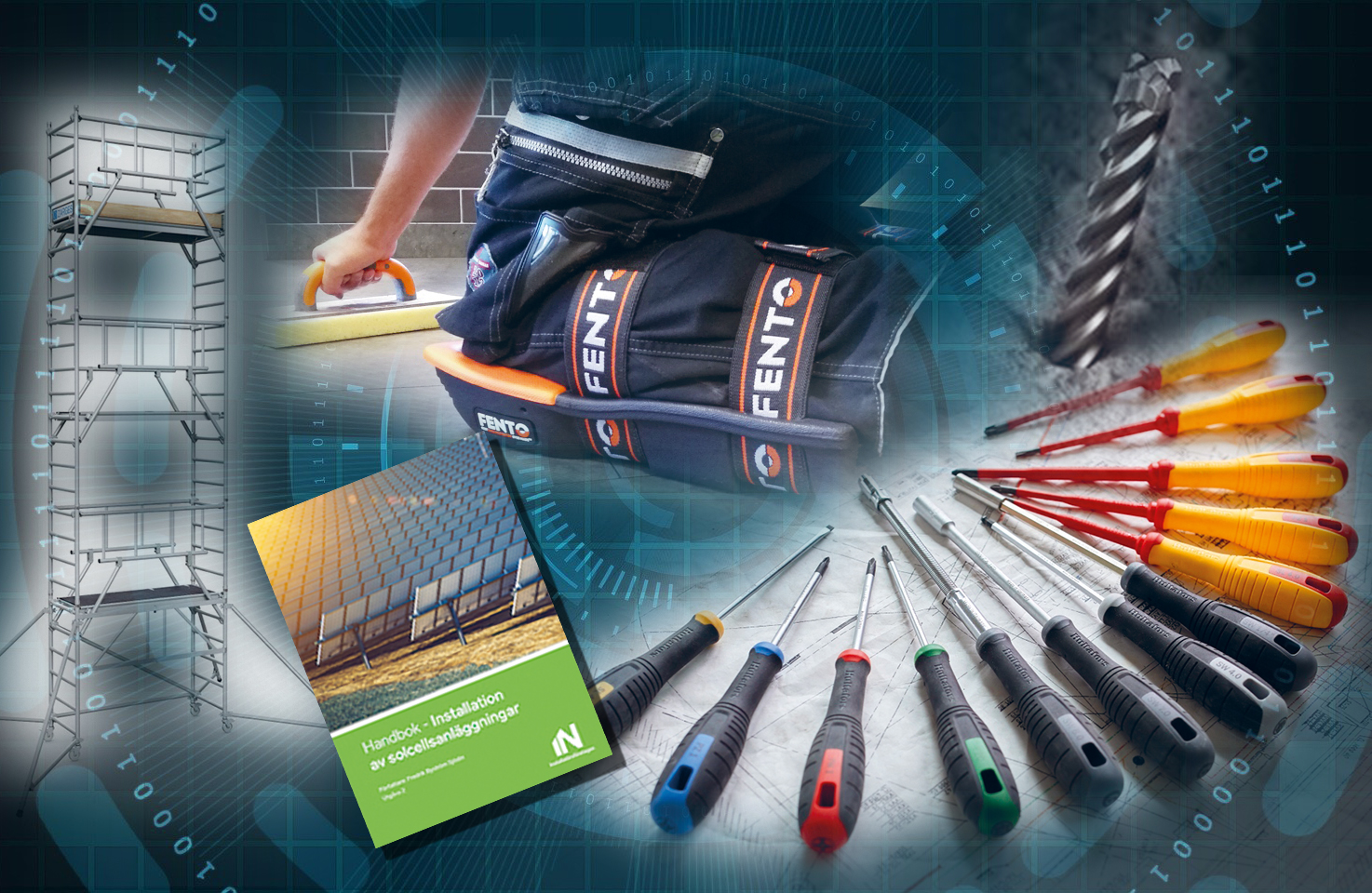 Bilder på ett antal teknikprodukter, mot en bakgrund av en abstrakt datorillustration av en blå cirkel med cybertema