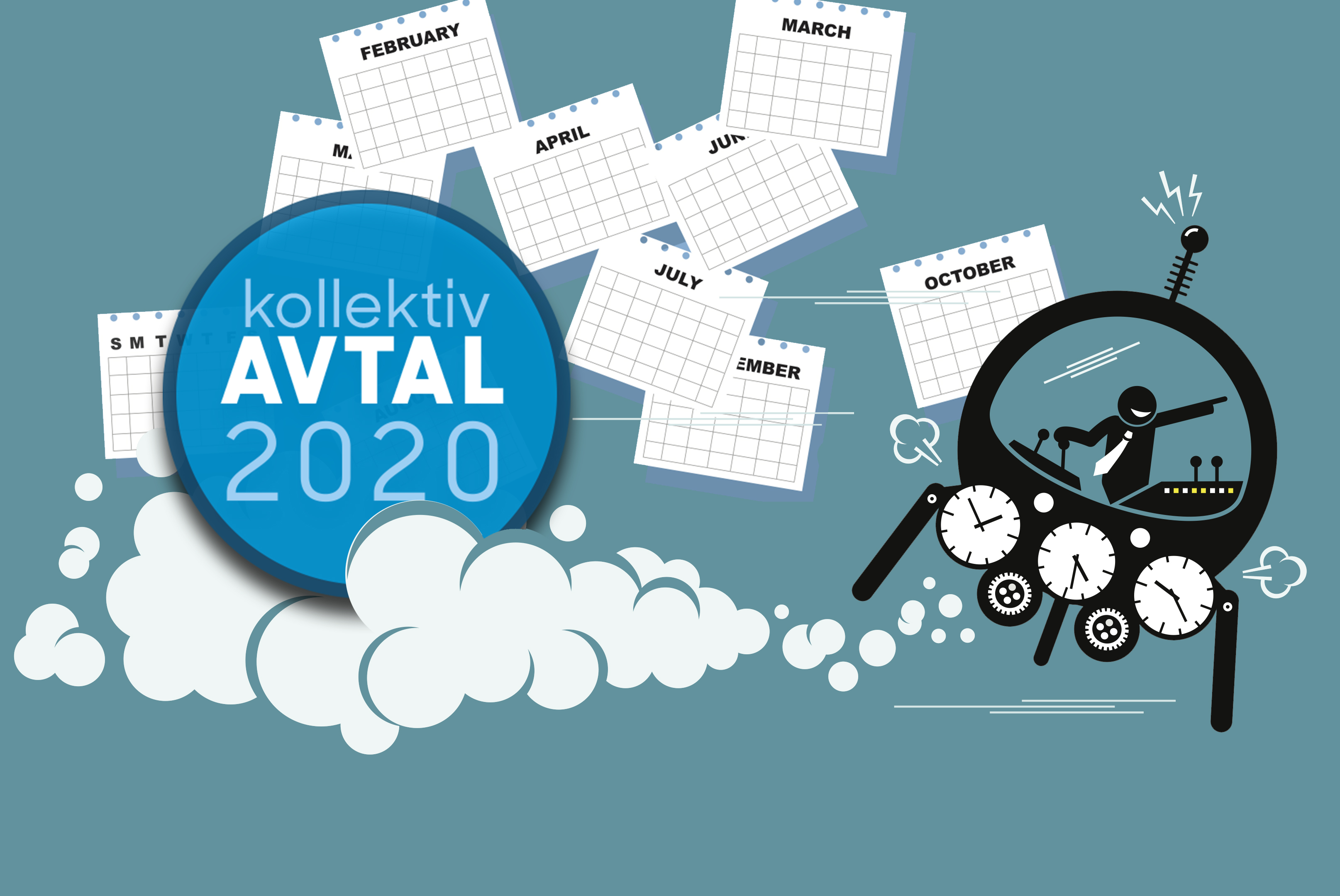 En tecknad person i ett rymdskepp med flera klockor på. I molned som bildas efter farkosten vilar en ikon för Avtal 2020, och över scenen regnar kalenderblad.