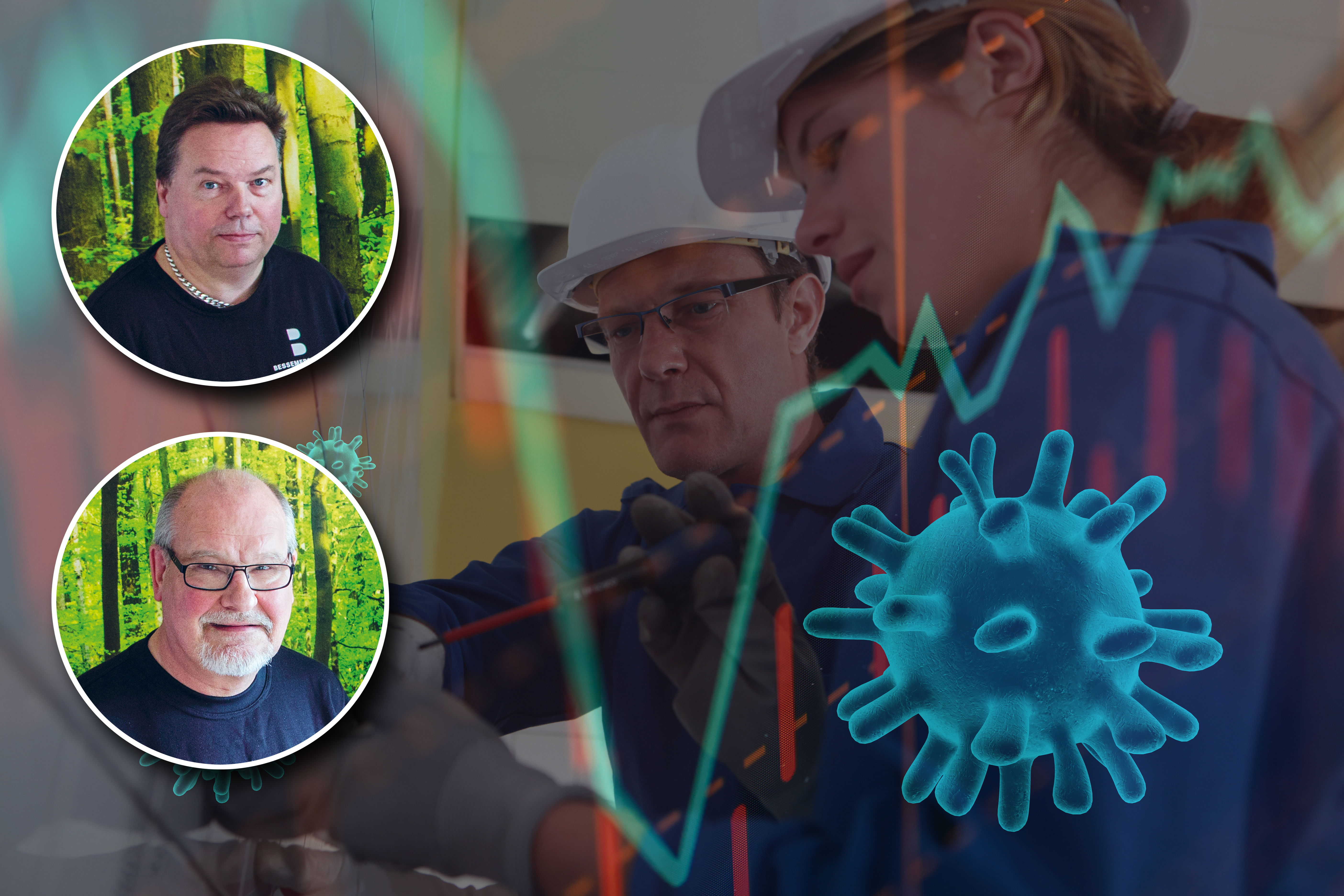 En lärling och en lärare arbetar med sladdar i en vägg. Över bilden är monterat en växlande diagramkurva, illustrationer av covid-19 och porträttbilder av Peter Wesström och Pär Hallström