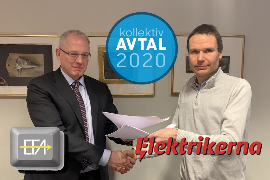 Tomas Torstensson och Petter Johansson, med SEFA:s och Elektrikernas loggor monterade över, tillsammans med den runda ikonen för Avtal 2020