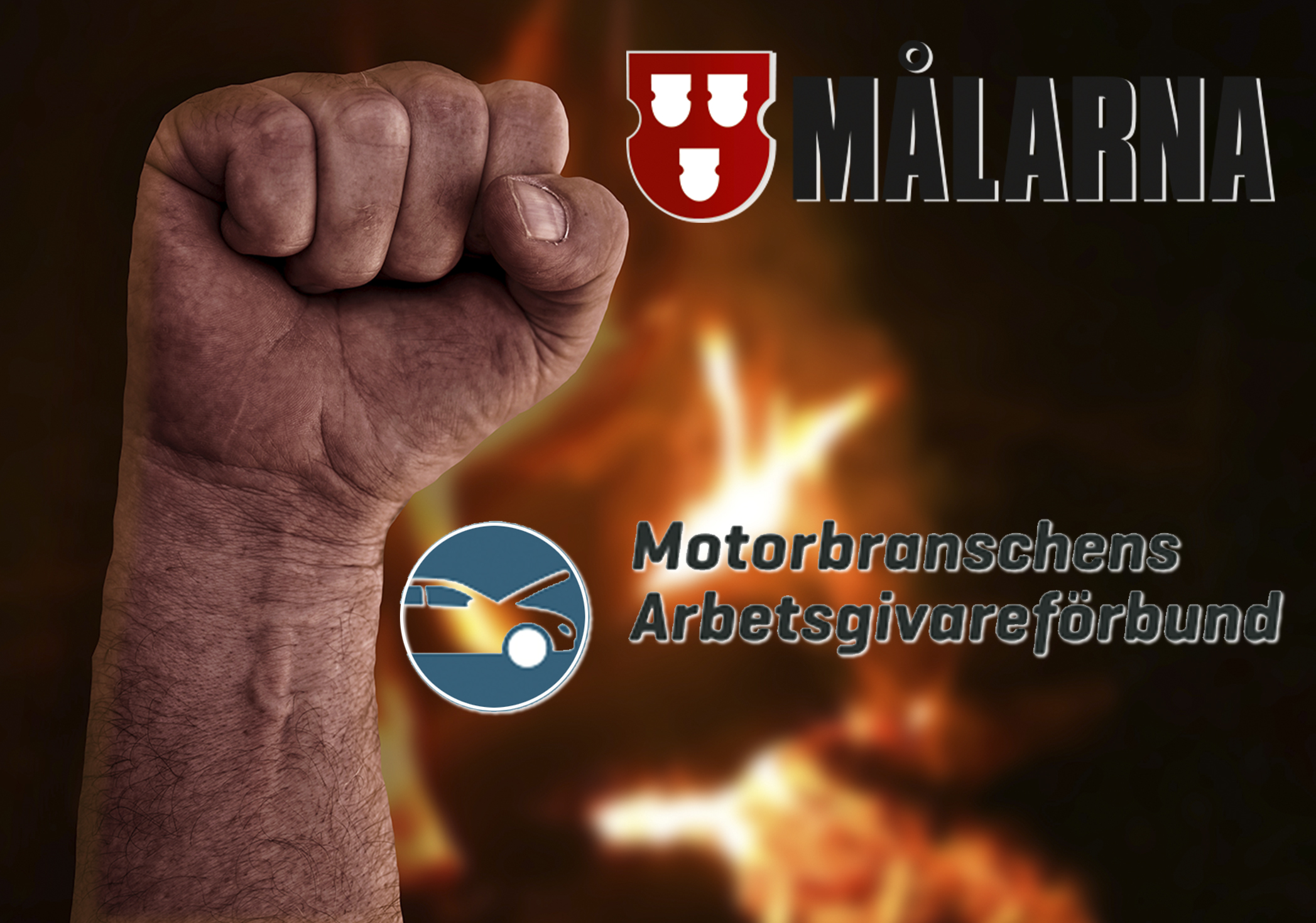 En knuten näve framför eld, med Målarnas och Motorbranschens loggor monterade över