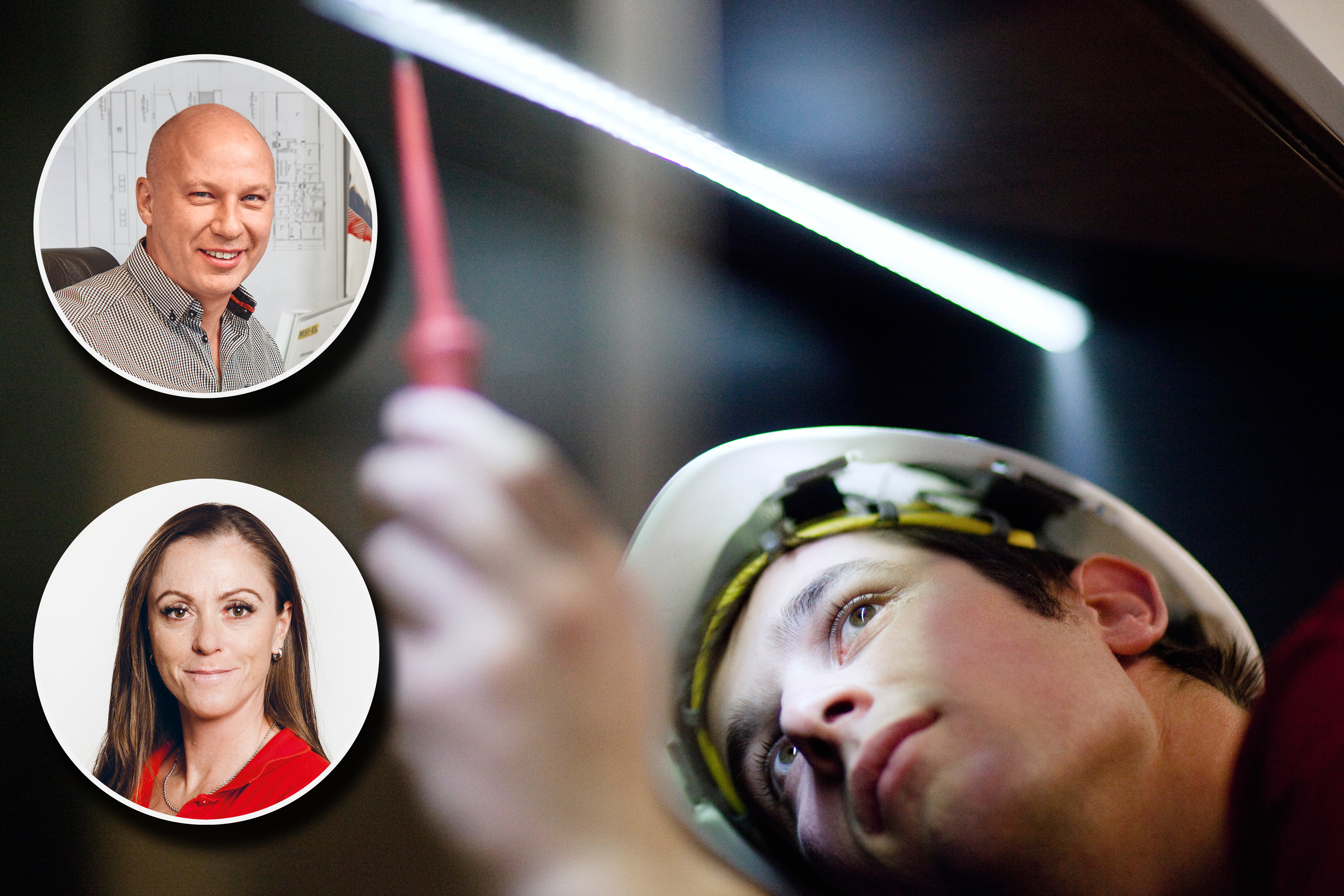 En ung person i skyddshjälm mäter spänning med ett verktyg. Foton på Eva Adermark och Peter Bengtsson är monterade över.