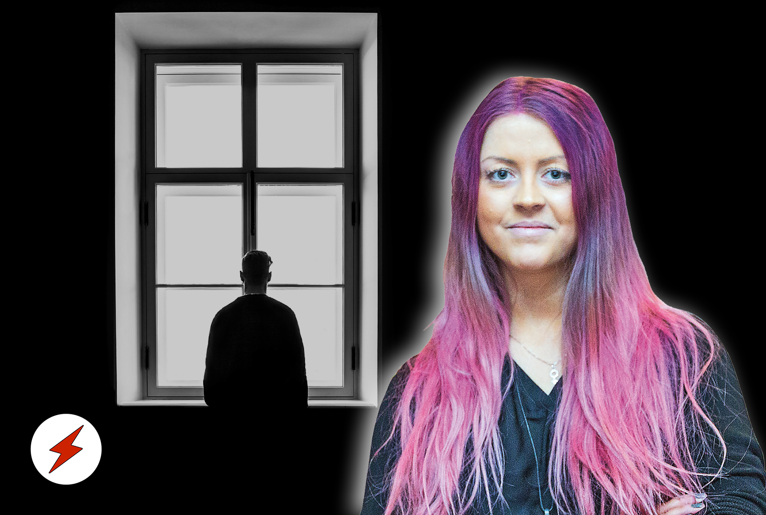 En person i silhuett mot ett högt, spröjsat fönster. Ett foto på Sofie Eriksson är monterat över.