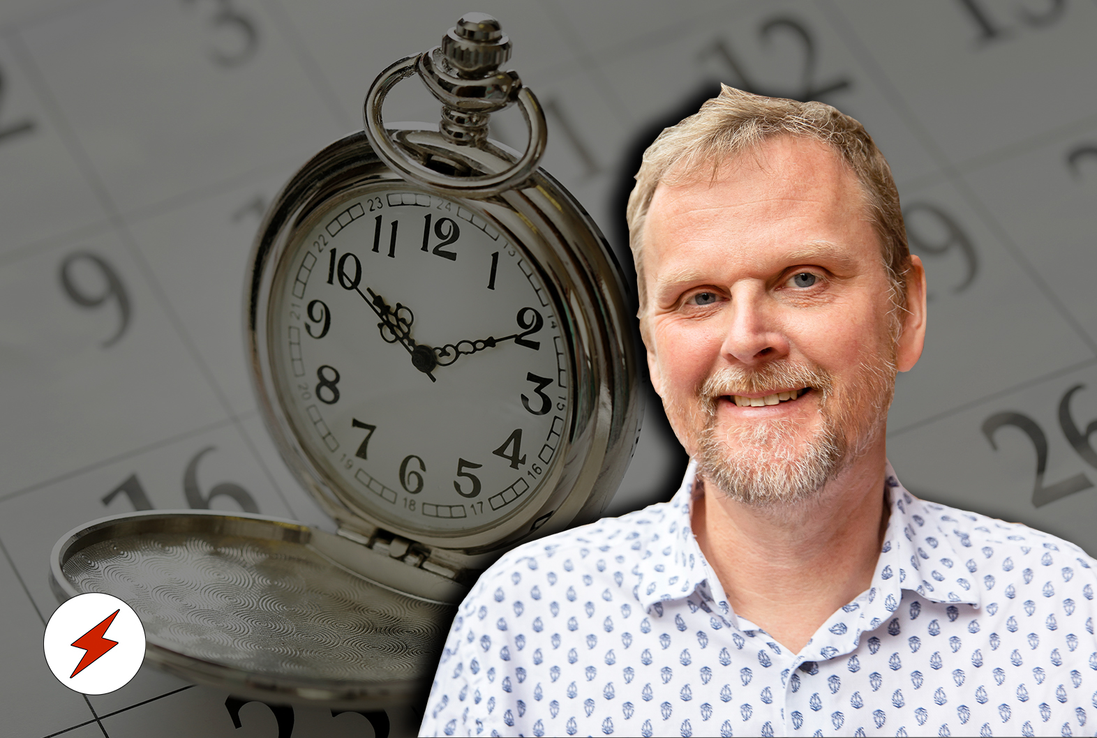 Ett öppet fickur som ligger på en kalendersida. Ett foto på Urban Pettersson är monterat över.