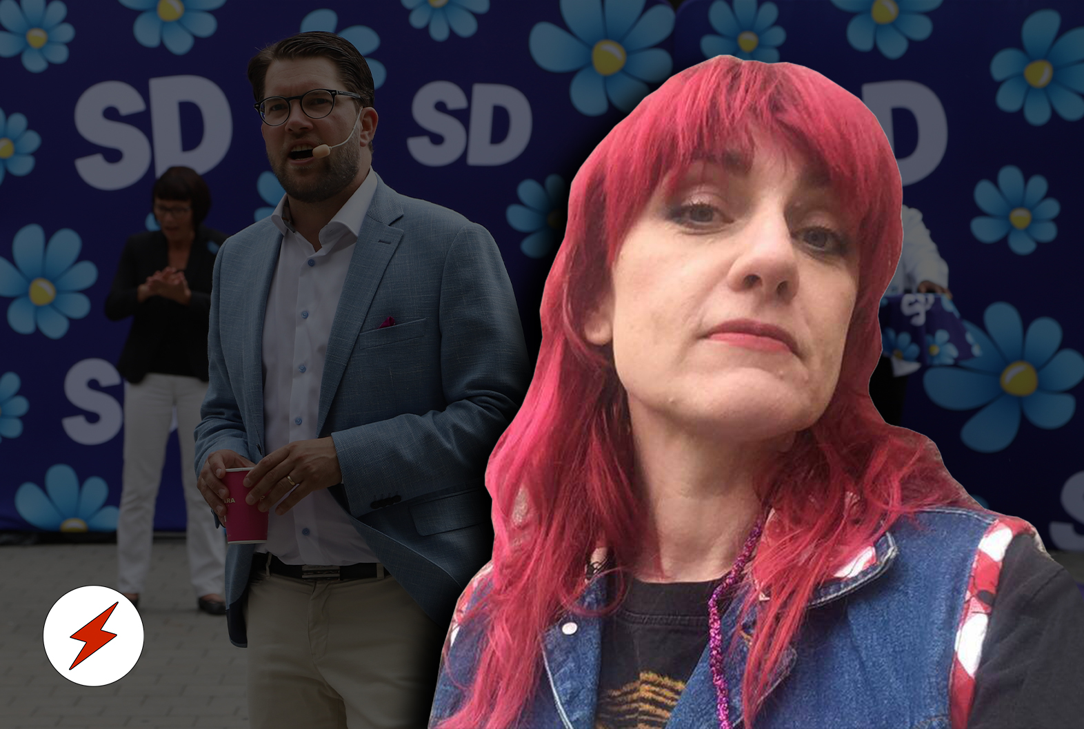 En bild på Jimmie Åkesson som håller tal framför en vägg med SD:s logga på, med ett foto på Anna Sanvaresa monterat över