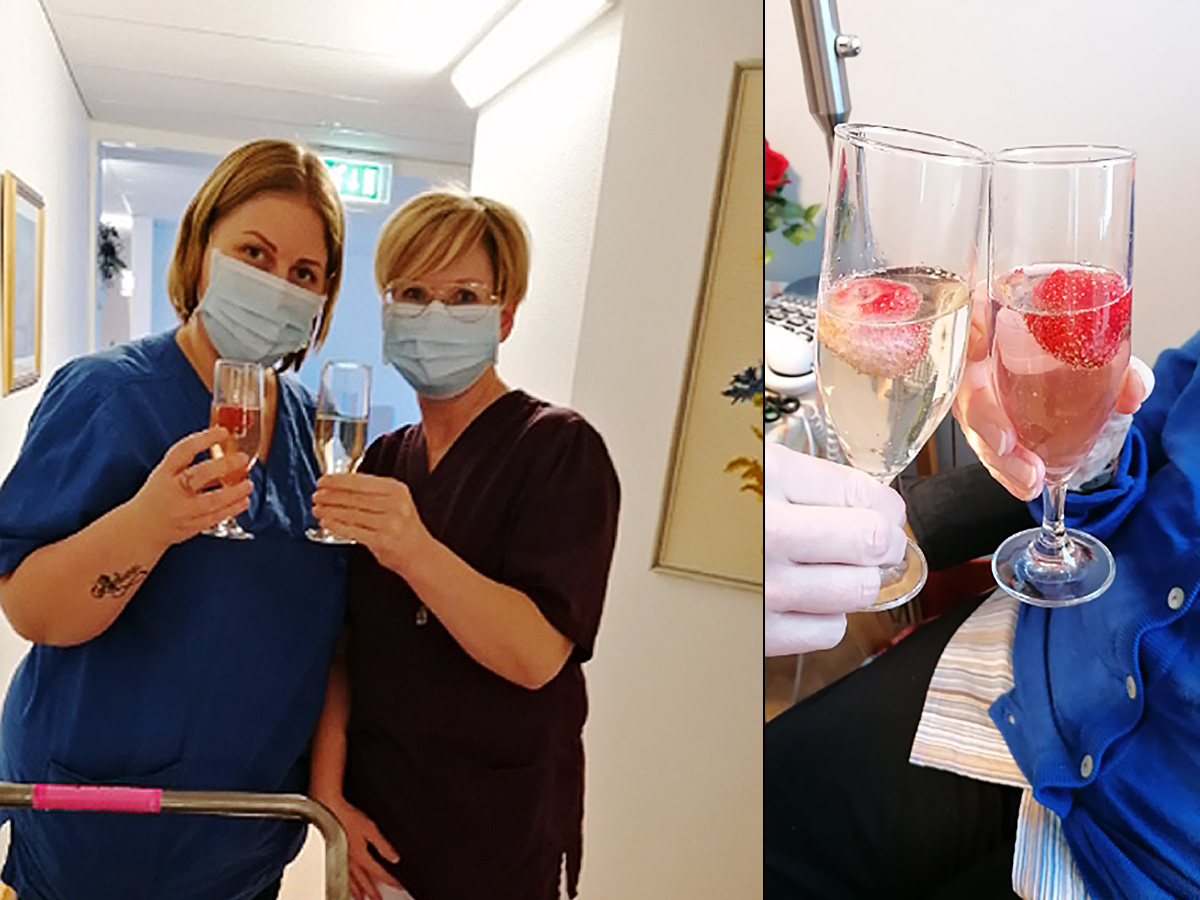 Sandra Öbro, vårdbiträde och Maria Kårefalk, undersköterska, skålar för att coronasmittan åtminstone för tillfället är borta.