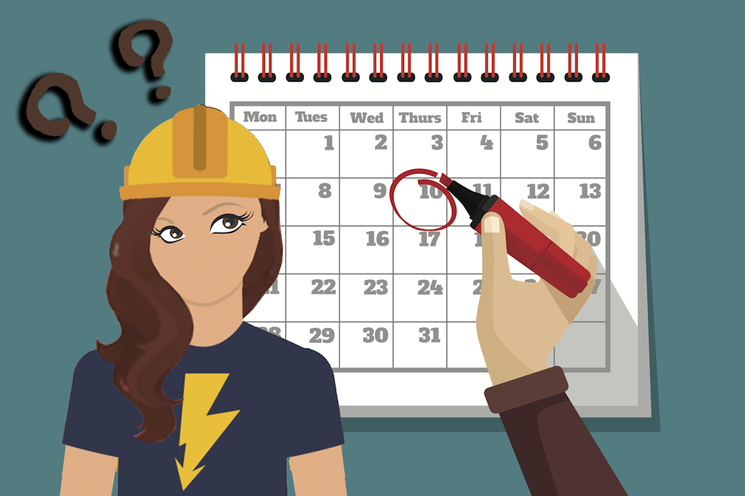 En tecknad person med bygghjälm och en blixt på sin t-shirt tittar på en kalender