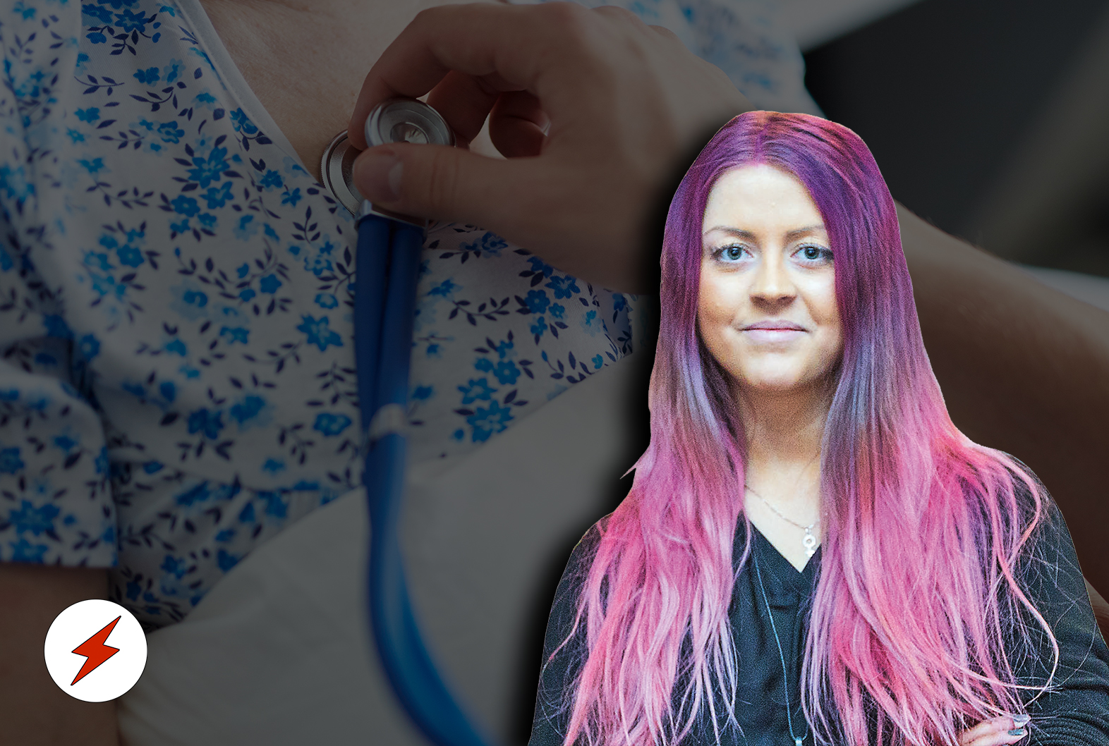 En hand som håller ett stetoskop mot en persons bröst, med ett foto av Sofie Eriksson monterat över.