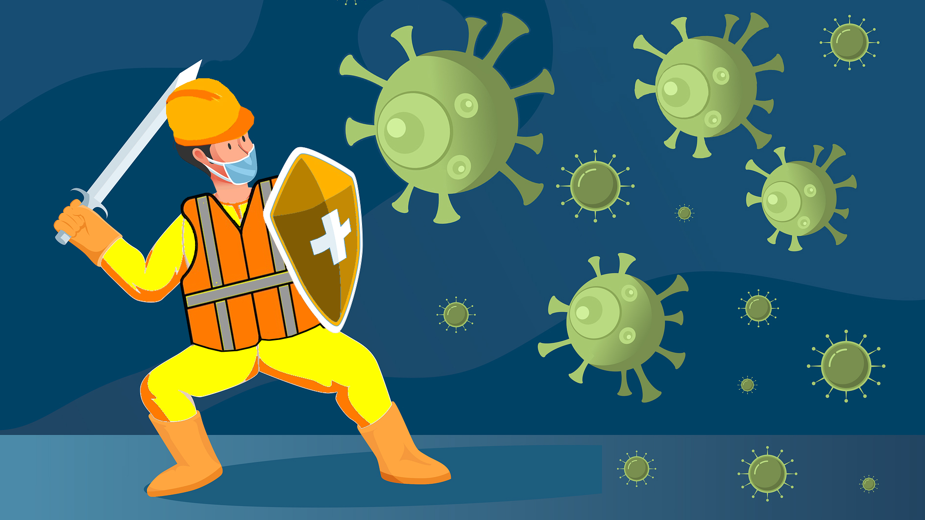 En tecknad byggnadsarbetare försvarar sig med svärd och sköld mot ett gäng tecknade coronavirus