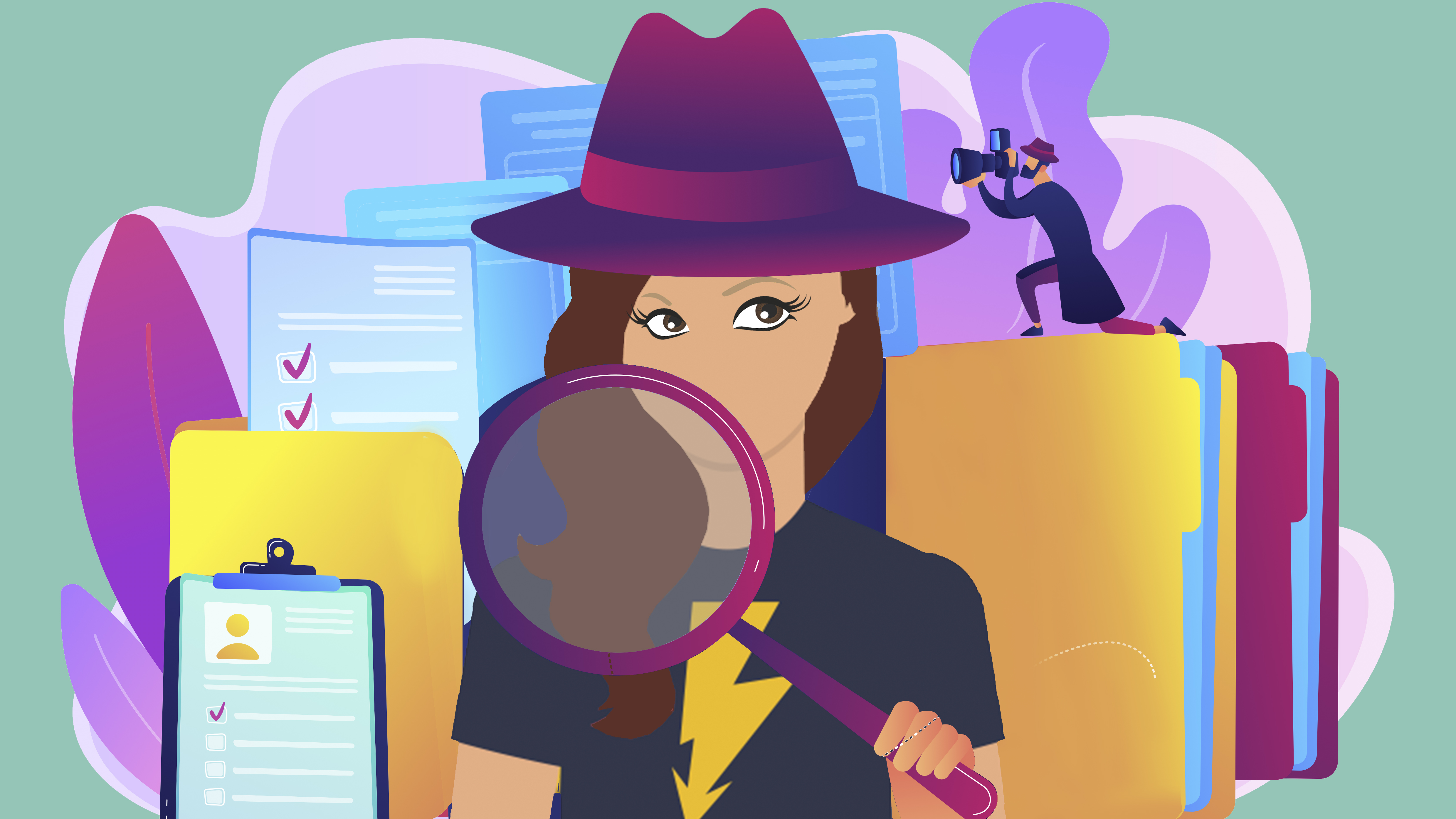 En tecknad elektriker med ett förstoringsglas och detektivhatt, omgiven av filer och mappar