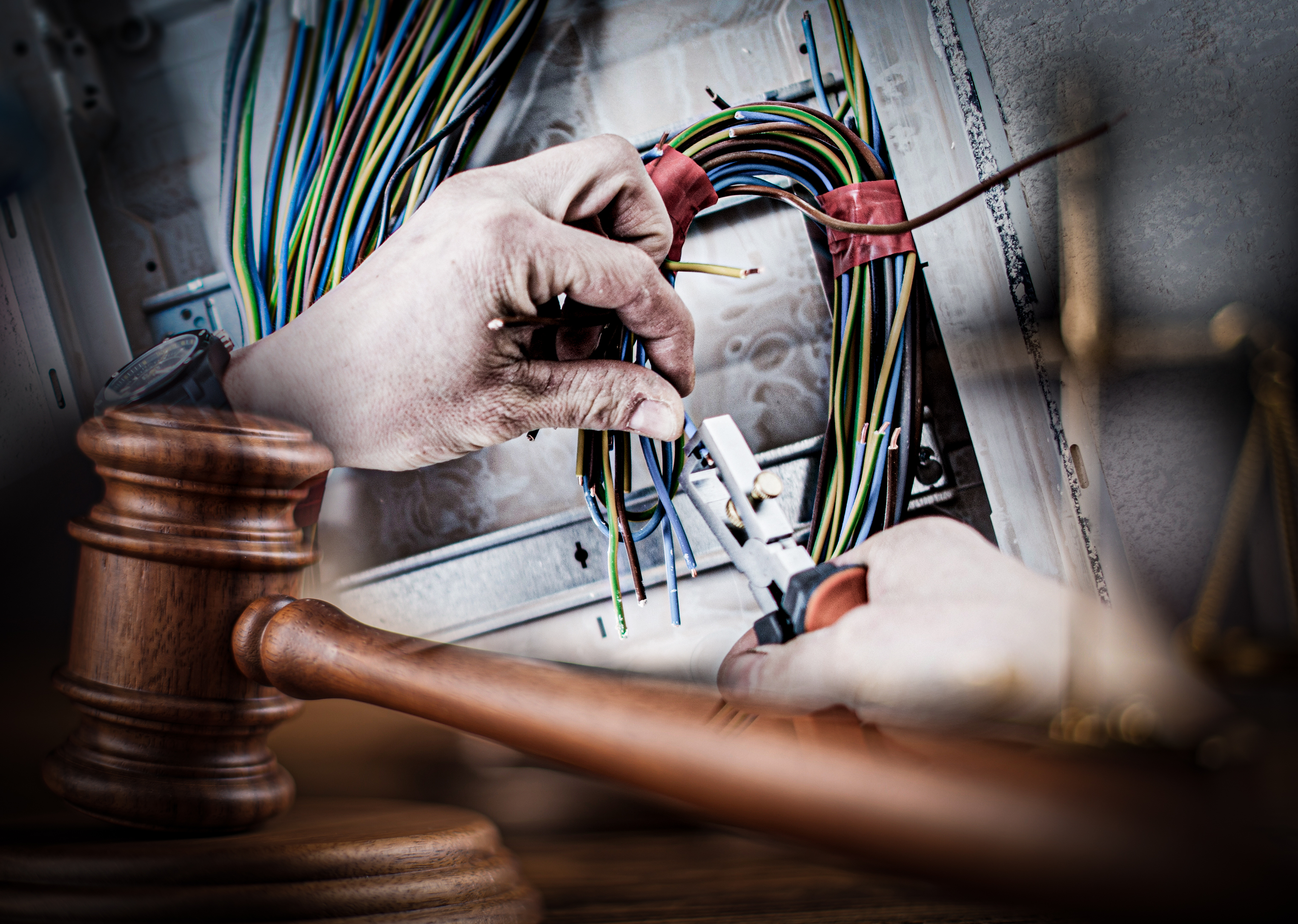 Två händer som klipper av kablar i ett elskåp, med en domarklubba i trä monterat över