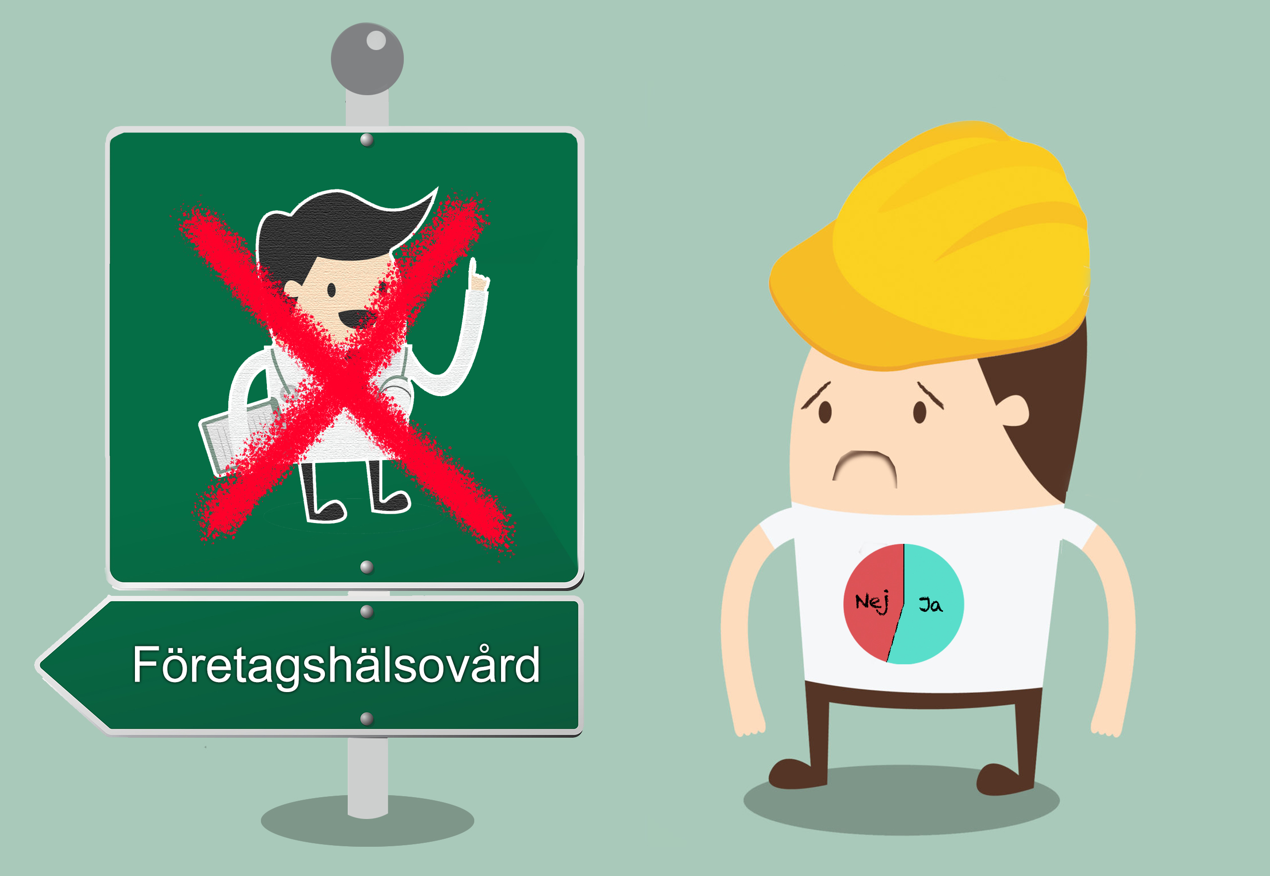 en tecknad person i bygghjälm bredvid en skylt med en överkryssad läkare och texten Företagshälsovård. Figuren har ett cirkeldiagram på sin tröja som nästan visar häften hälften rött och grönt.