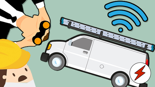 EN tecknad skåpbil med symbolen för en GPS-signal över sig. Från ena hörnet tittar en kostymklädd person med kikare, och från det nedre hörnet en förskräckt person i bygghjälm.