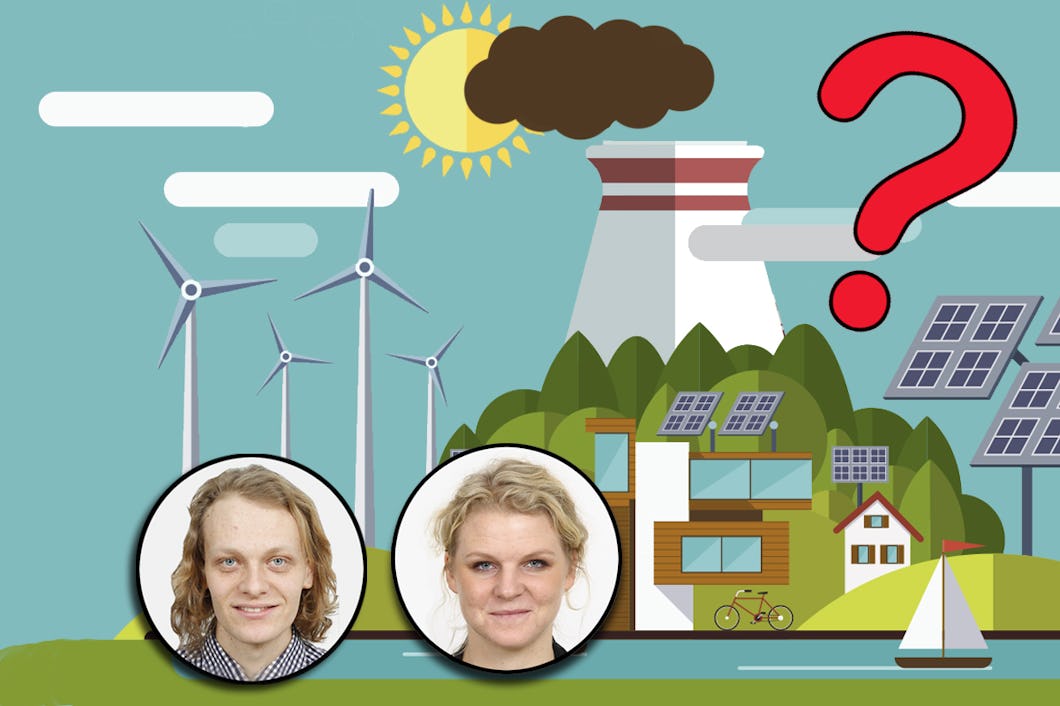 Olika tecknade kraftverk, ed ett rött frågetecken monterat över och foton på Jakob Sahlin och Anna Guldbrand,