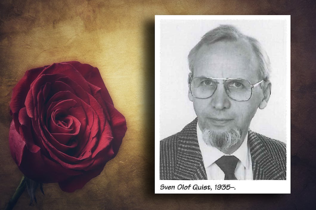 Ett porträttfoto av Sven Olof Quist bredvid en röd ros