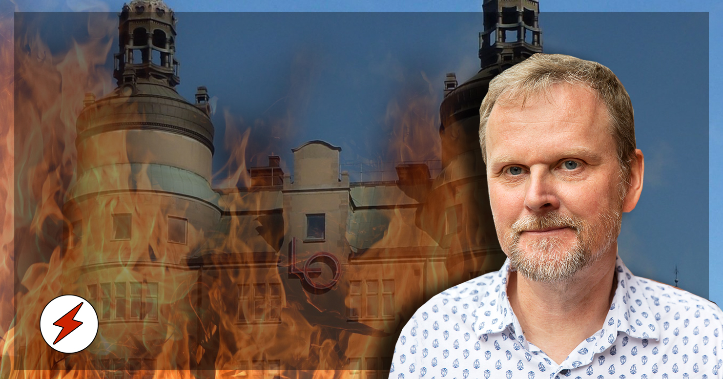 Ett bildmontage med LO-borgen med flammor monterade framför, och ett foto av Urban Pettersson monterat i förgrunden