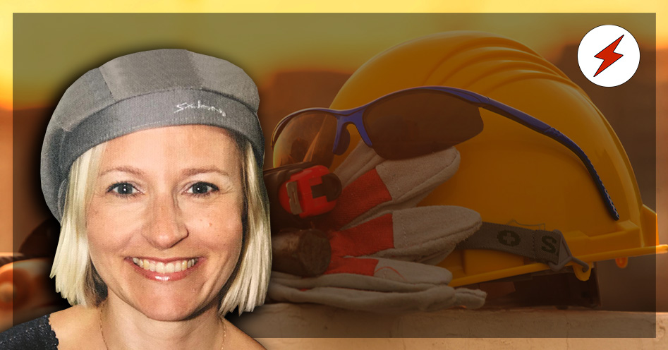 Ett foto på Ida-Therese Högfeldt monterat över en bild på en bygghjälm, handskar och skyddsglasögon
