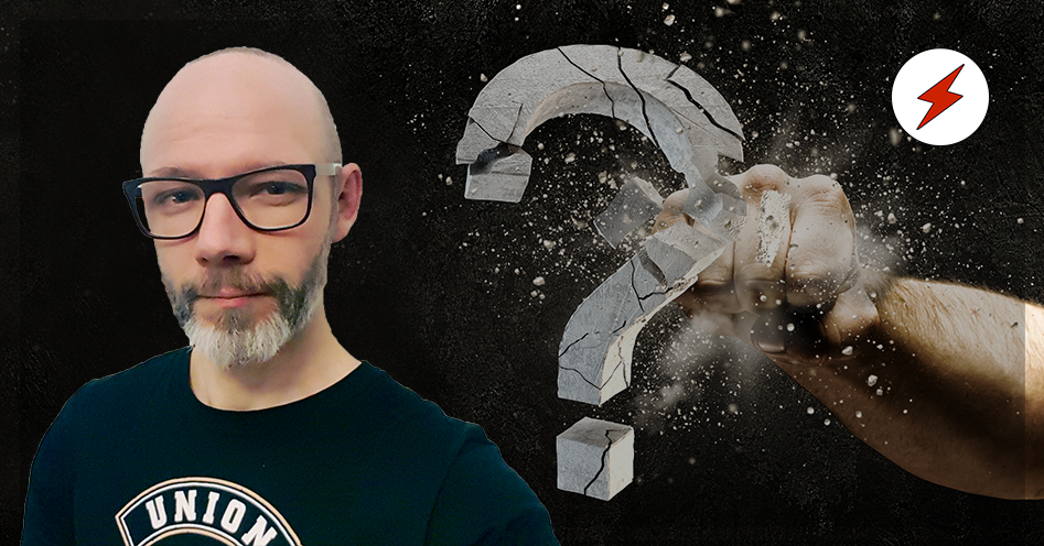 Ett foto på Andras Molnar monterat över en bild på en knytnäve som slår sönder ett frågetecken