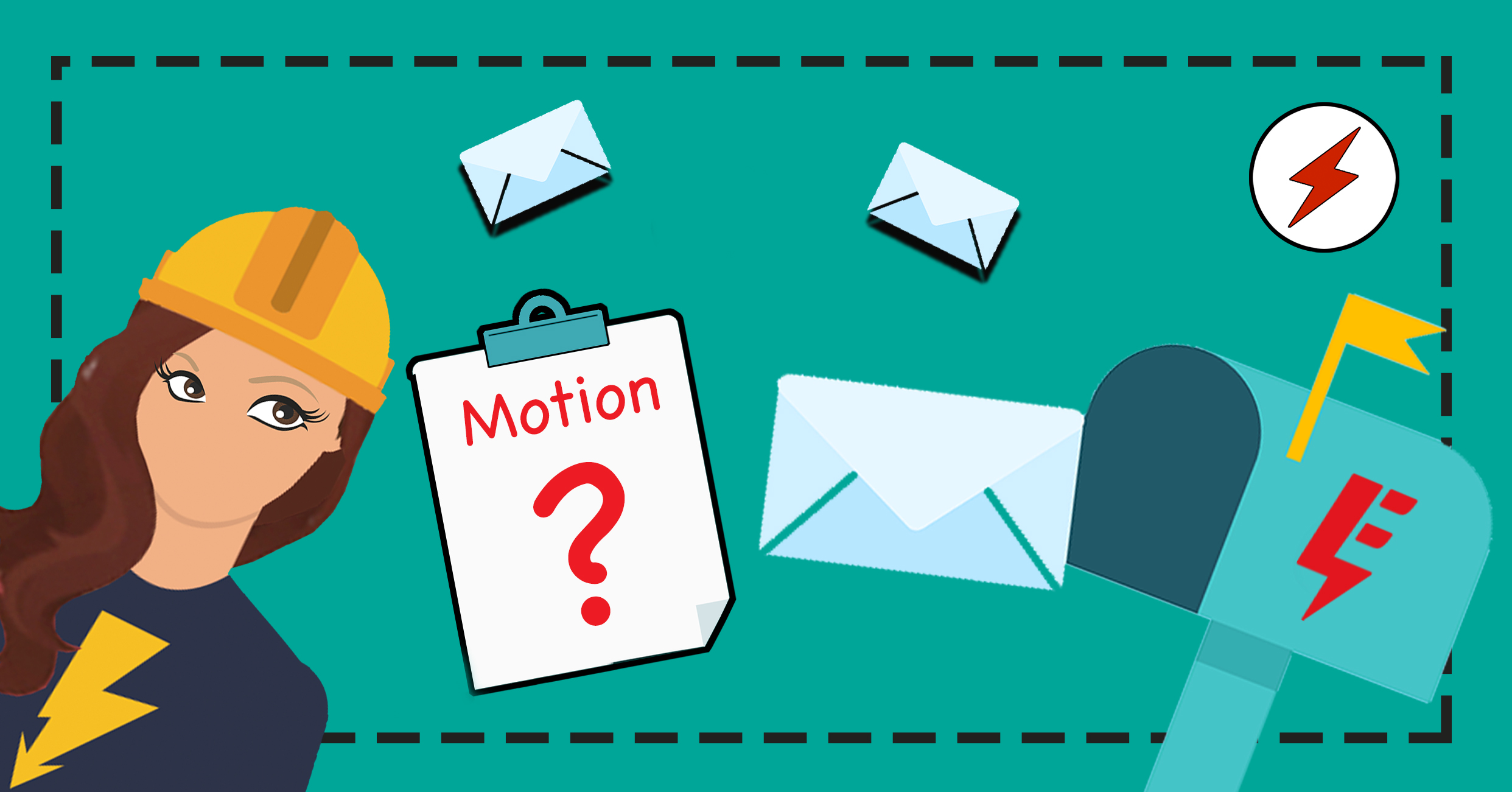 En tecknad elektriker tittar på en postlåda med Elektrikernas logga, och ett papper där det står motion och ett frågetecken