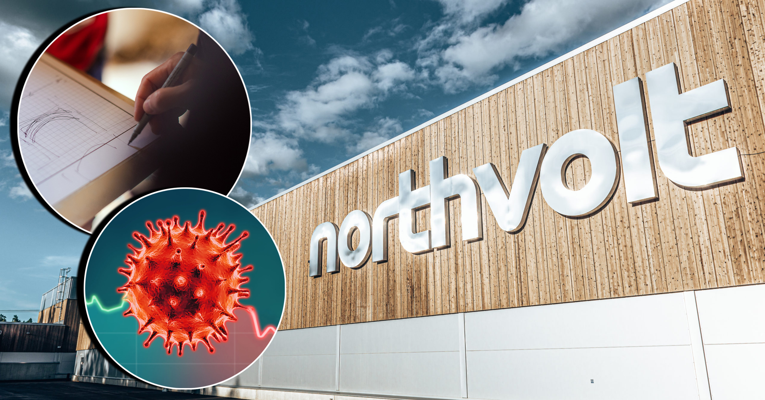 Fasadbild på Northvolt-byggnaden i Skellefteå. Bilder på en person som skriver i ett block och coronaviruset är monterade över.