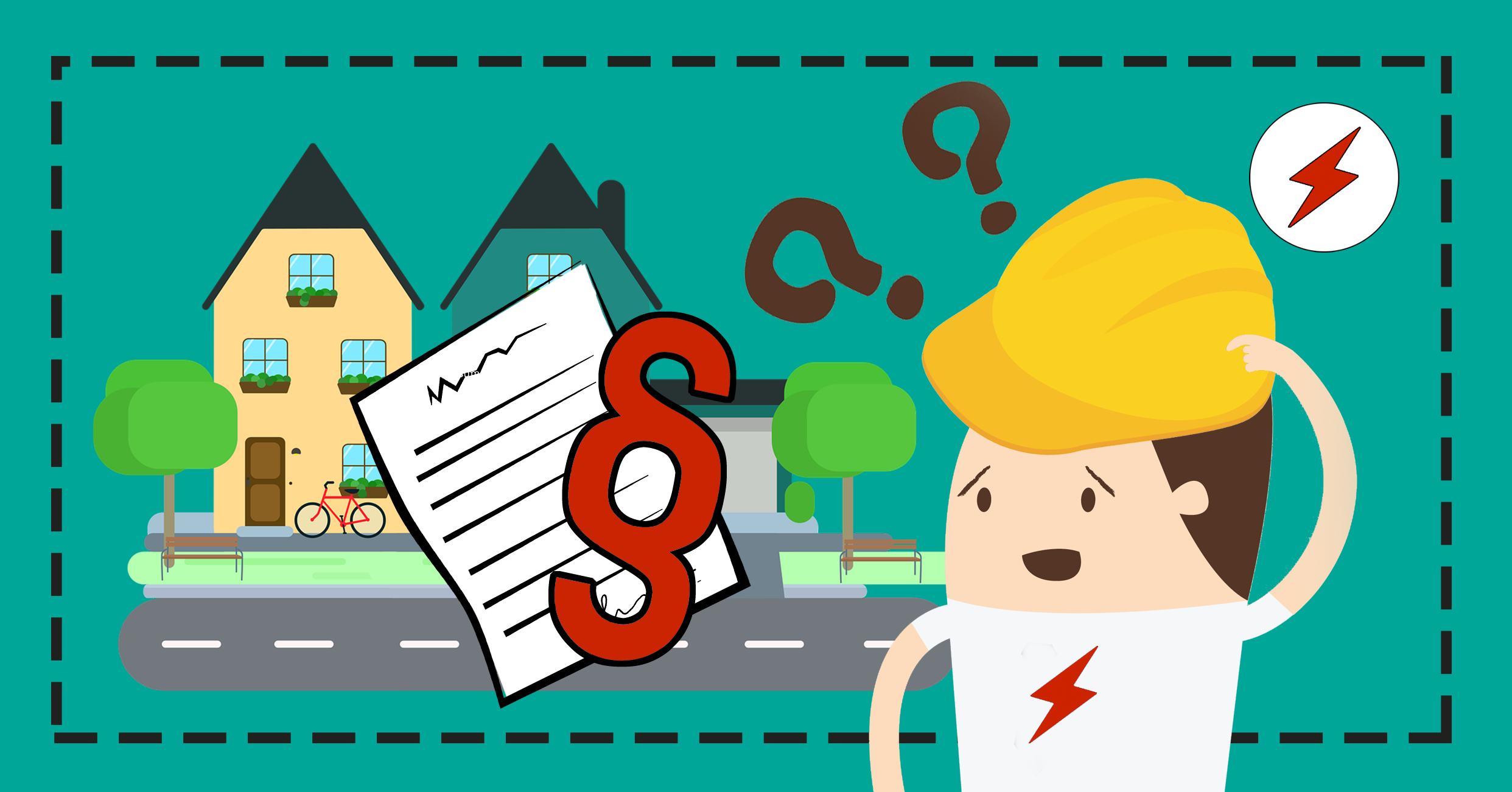 En tecknad elektriker med frågetecken över huvudet, som tittar på ett par hus och ett papper med ett paragraftecken på