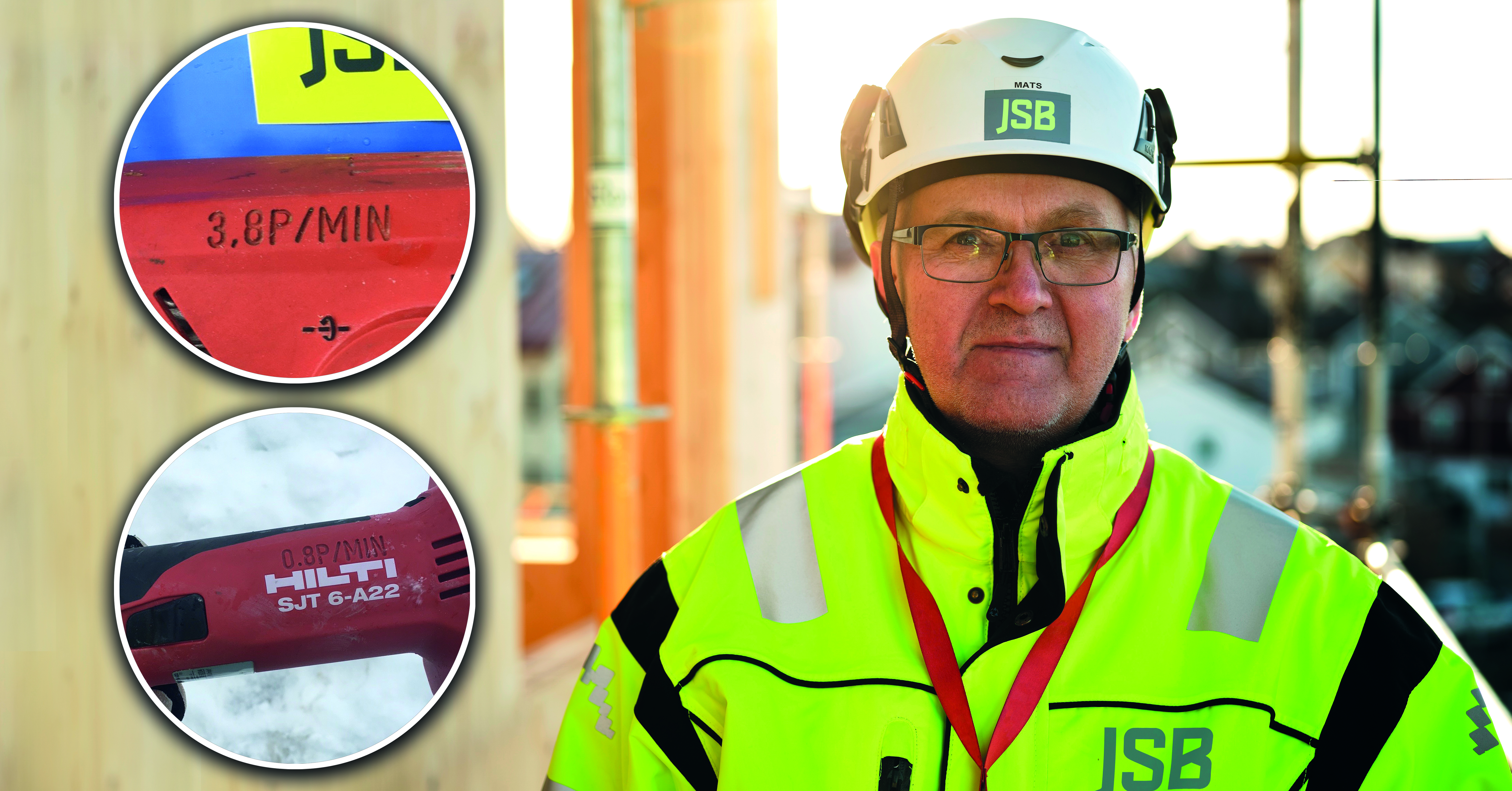 Mats Björnlund i gul reflexjacka och bygghjälm., med två bilder på maskiner med vibrationsmärkning monterade över