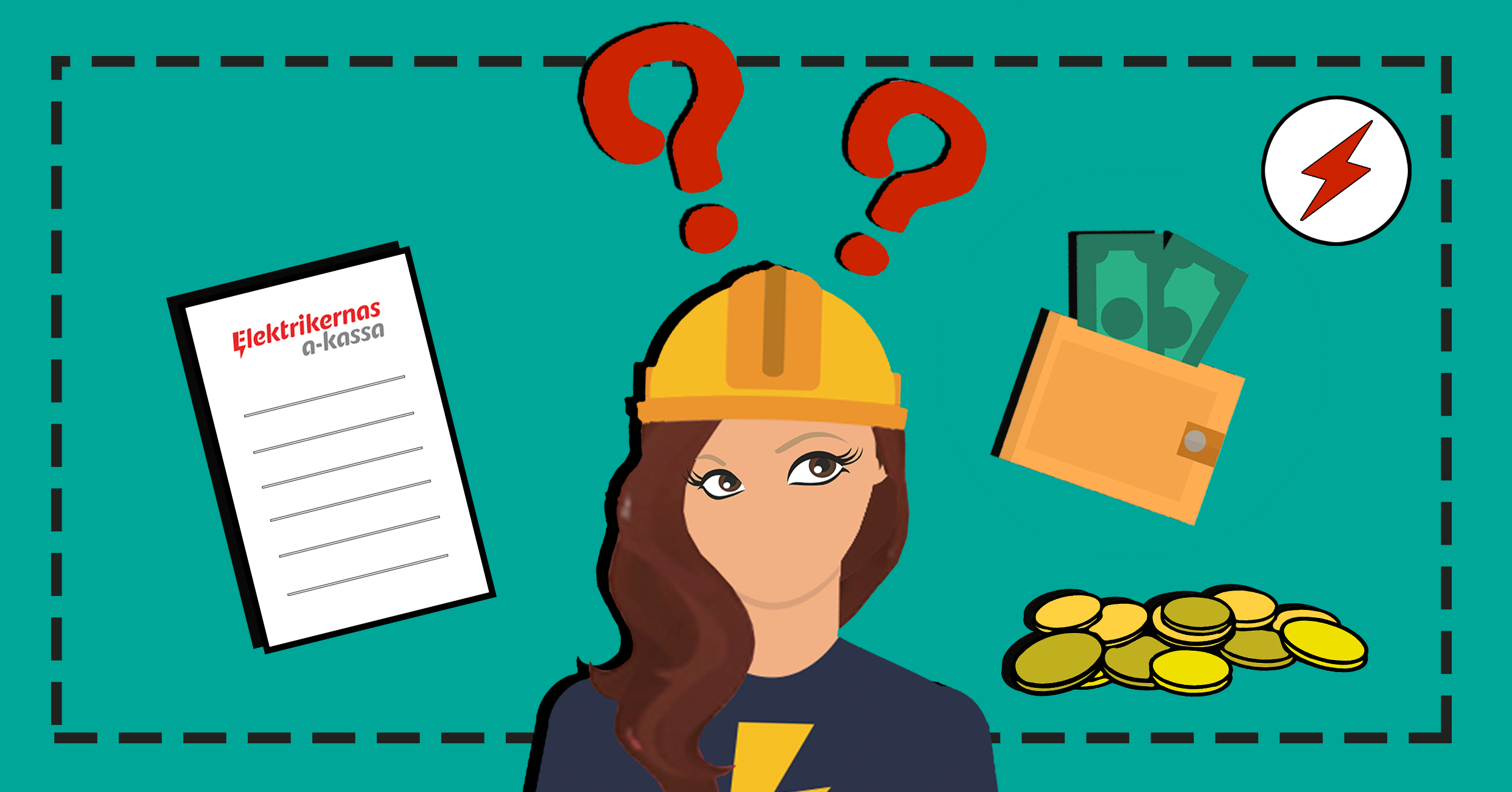 En tecknad elektriker tittar frågande på pengar och ett dokument där det står elektrikernas a-kassa