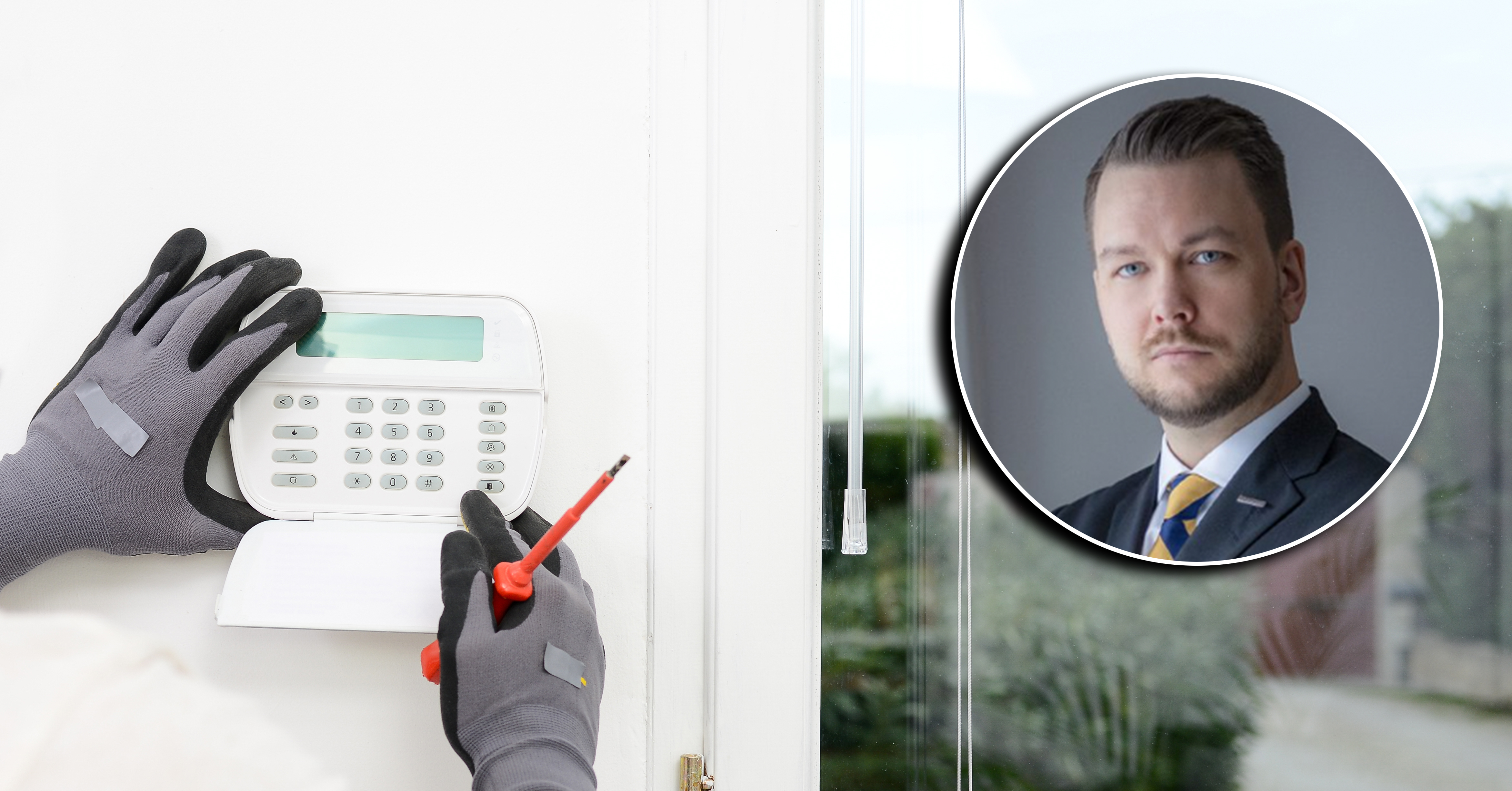 En bild på Richard Ogård monterad över en bild på de handskklädda händerna på en person som installerar ett hemlarm