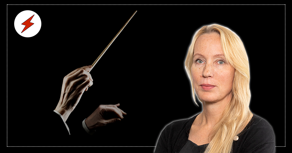 En bild på Anna Norling monterad över en bild på händerna på en dirigent