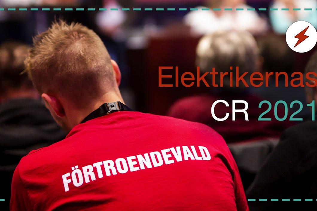 En person i röd tröja med texten "Förtroendevald" på ryggen. Monterat över är texten: Elektrikernas CR 2021.