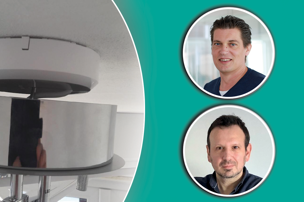 Bilder på Robert Palm och Dusko Davidovic monterade invid en bild på en lamparmatur som inte sluter tätt mot taket på grund av ett utanpåliggande DCL-uttag