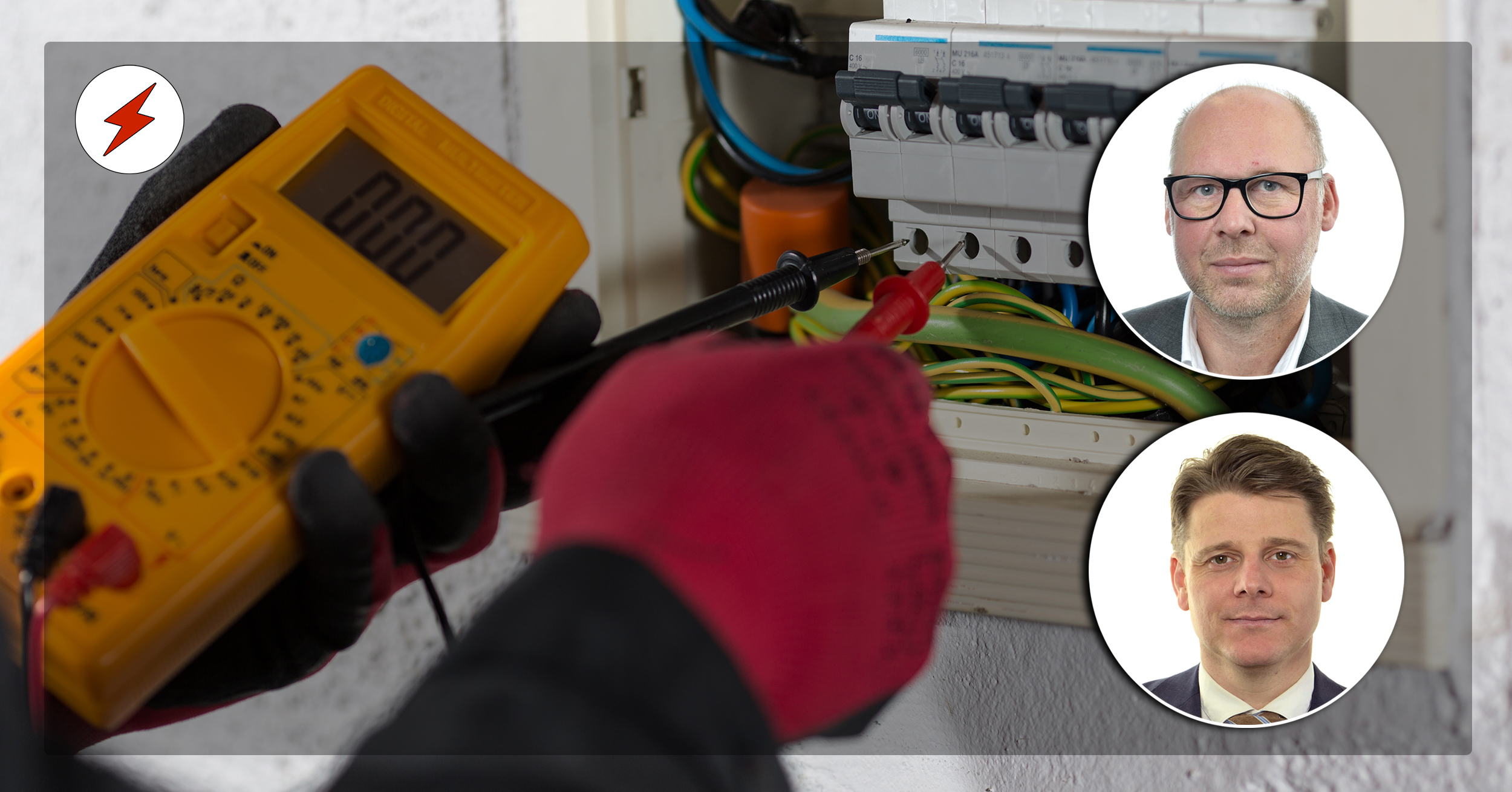 Bilder på och monterade över en bild på händer som mäter spänning med ett verktyg