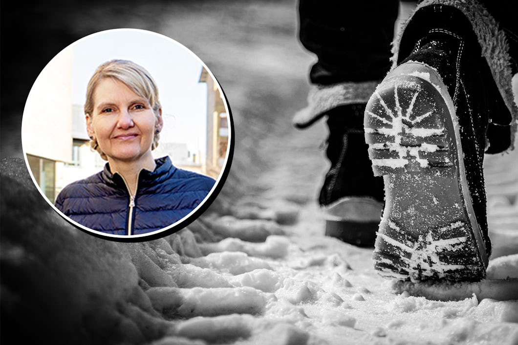 En bild på Maria Åberg monterad över en svartvit bild på två fötter som går i snö