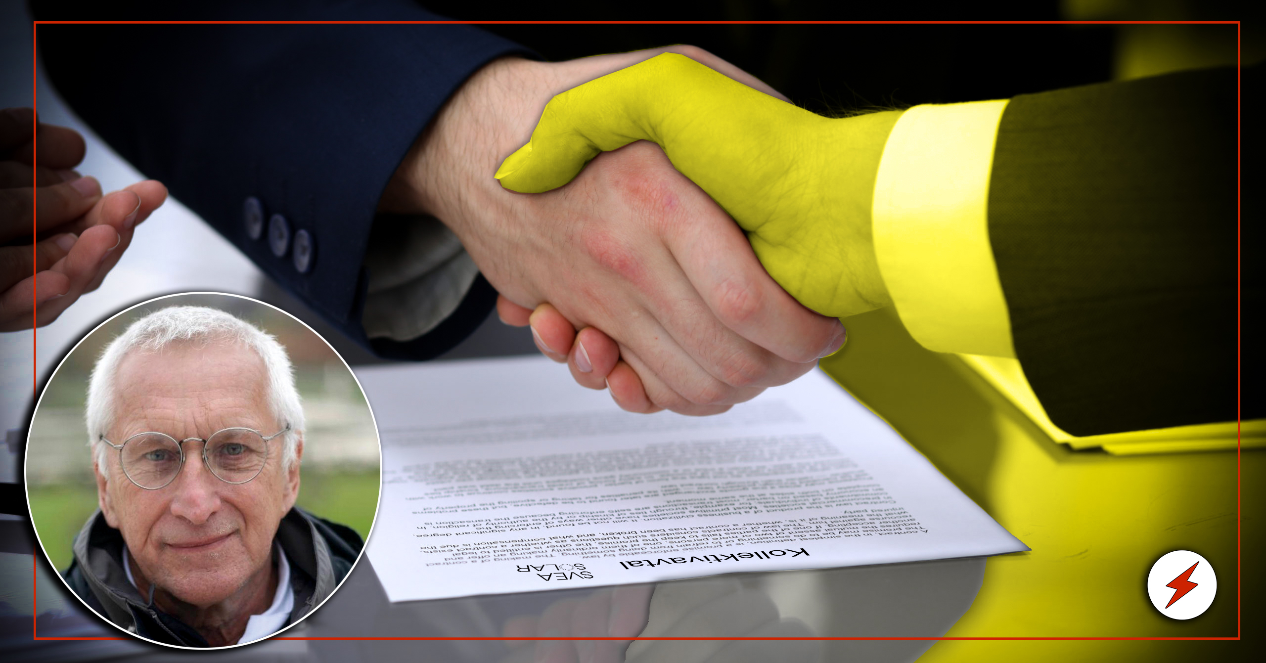 Två händer som skakar hand över ett kollektivavtal, varav en är gulfärgad. En bild på Kurt Junesjö är monterad över.