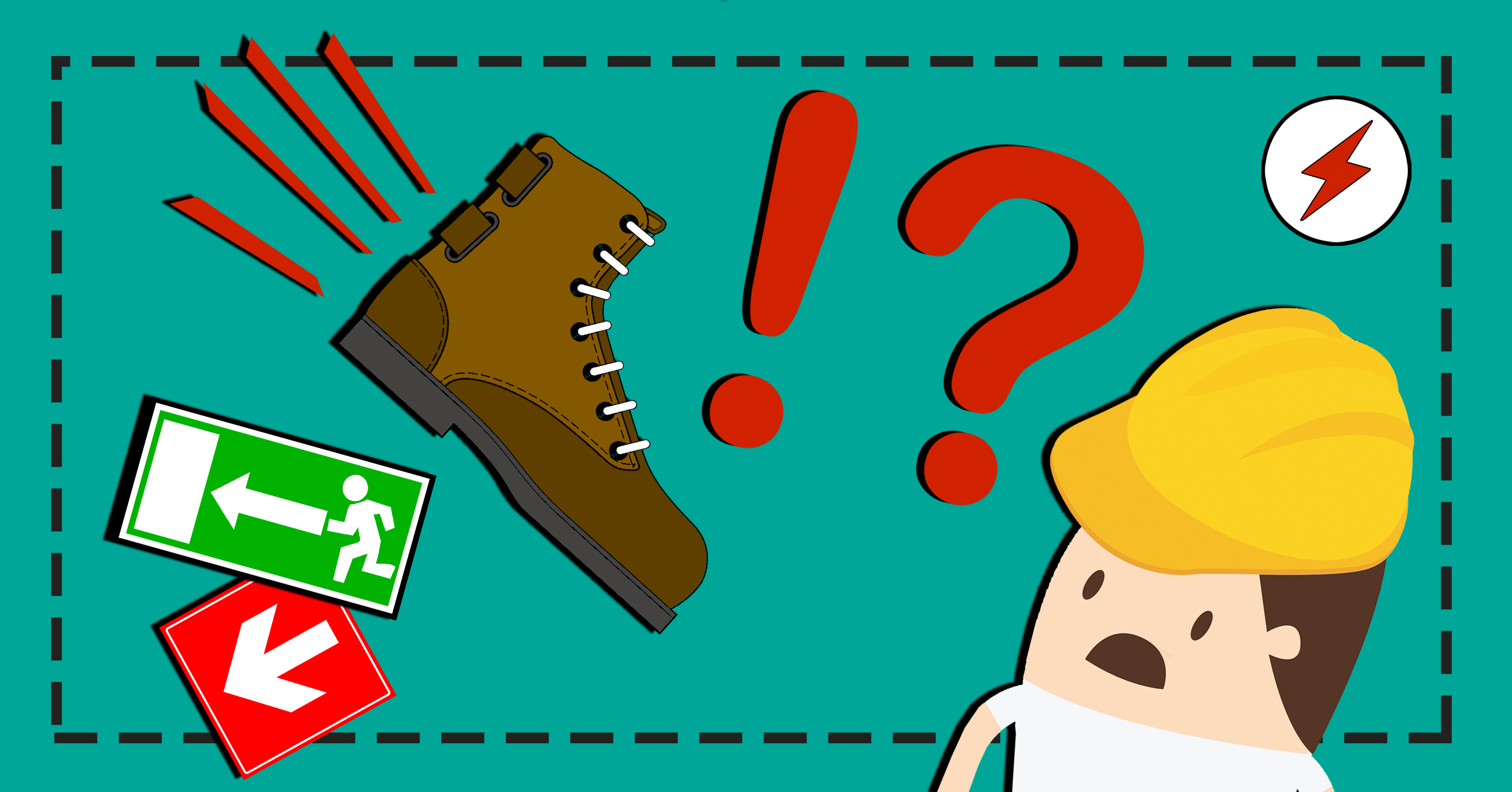 En tecknad elektriker tittar förskräckt på en tecknad känga som är på väg mot hen.