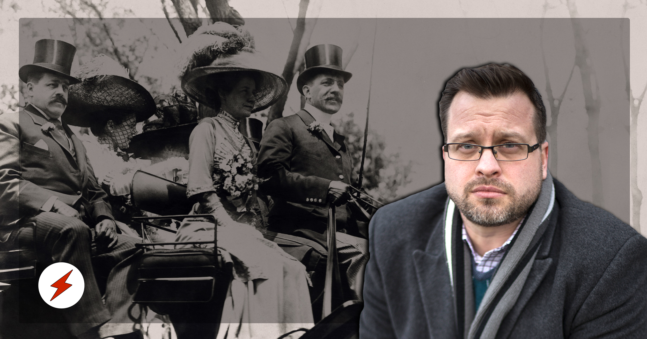 En bild på Tony Johansson monterad över ett svartvitt foto på en samling finklädda personer som åker hästvagn.