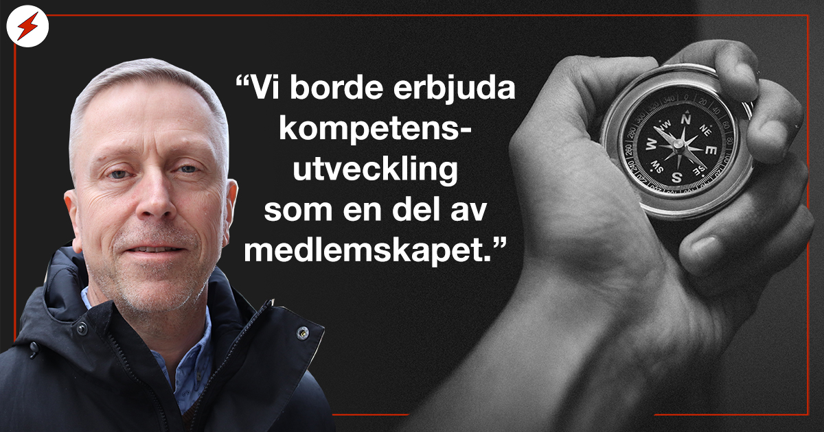En bild på Pontus Boström invi en ild på en kompass och citatet: "Vi borde erbjuda kompetensutveckling som en del av medlemskapet"