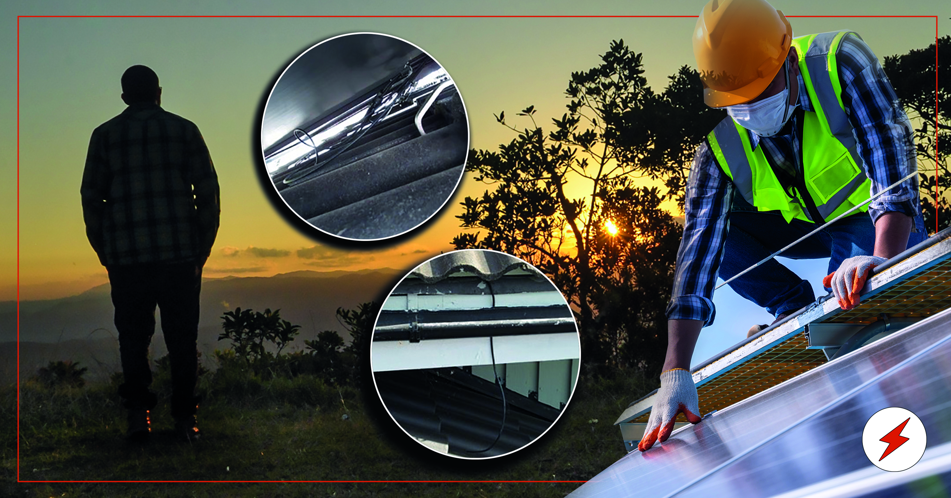 Silhuetten av en person som står och tittar på solnedgången, invid bilden av en person som monterar ett solcellstak. Bilder på misslyckade installationer är monterade över.