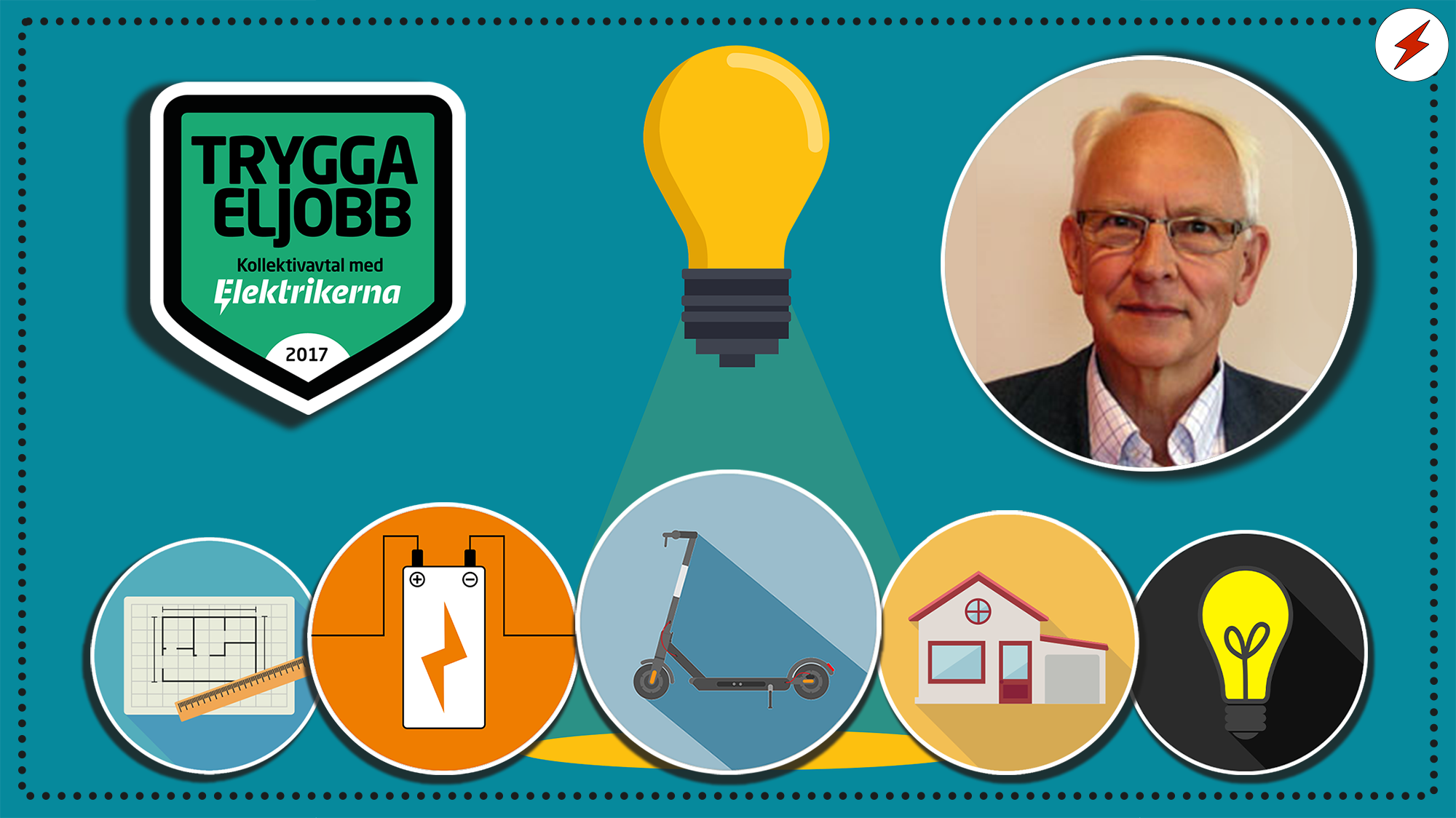 En bild på William Persäter invid en samling tecknade ikoner på lampor och batterier.