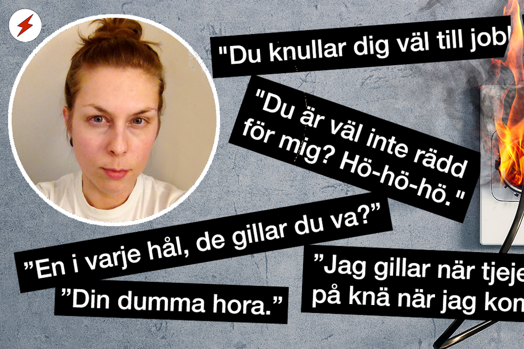 En bild på Karolina Dahl monterad invid ett brinnande eluttag och en samling sexistiska citat från undersökningen.