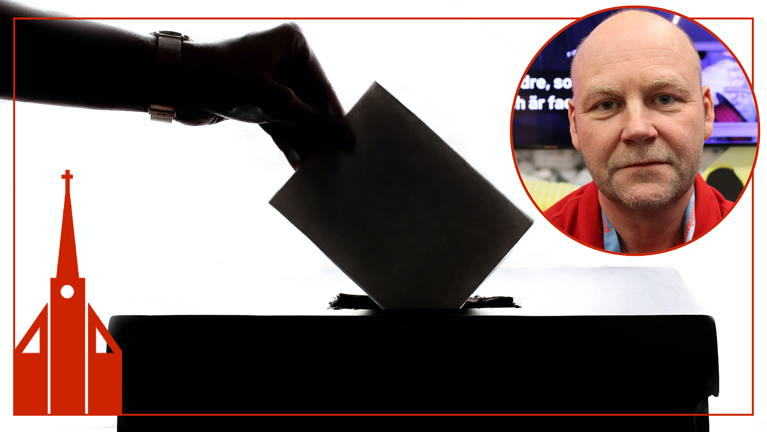 En bild på Lars ”Tintin” Pettersson monterad invid en bild på en hand som lägger ett röstkort i en valurna.